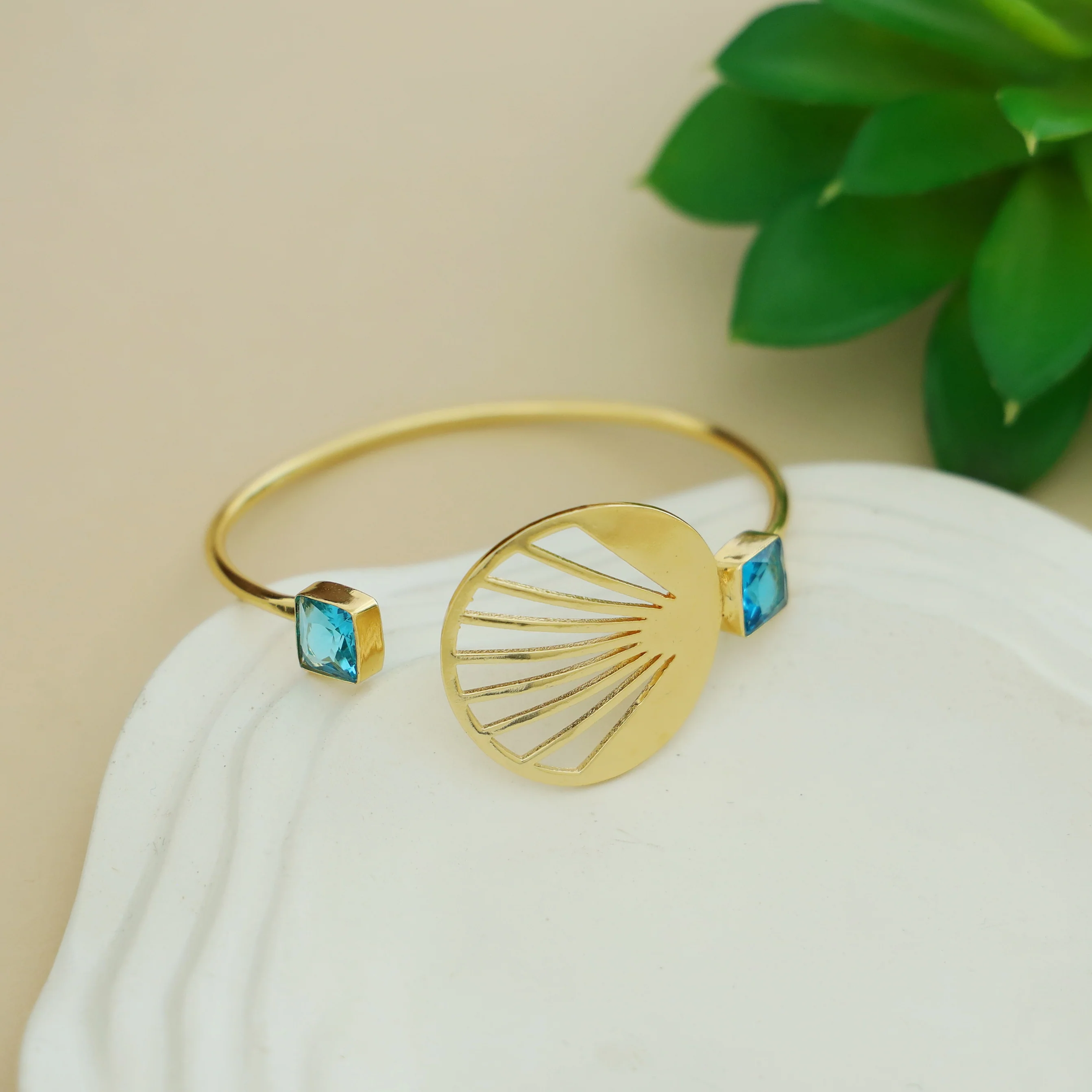 Adley Golden Sunburst Dual Square Glossy Stone Bangle - Image 10