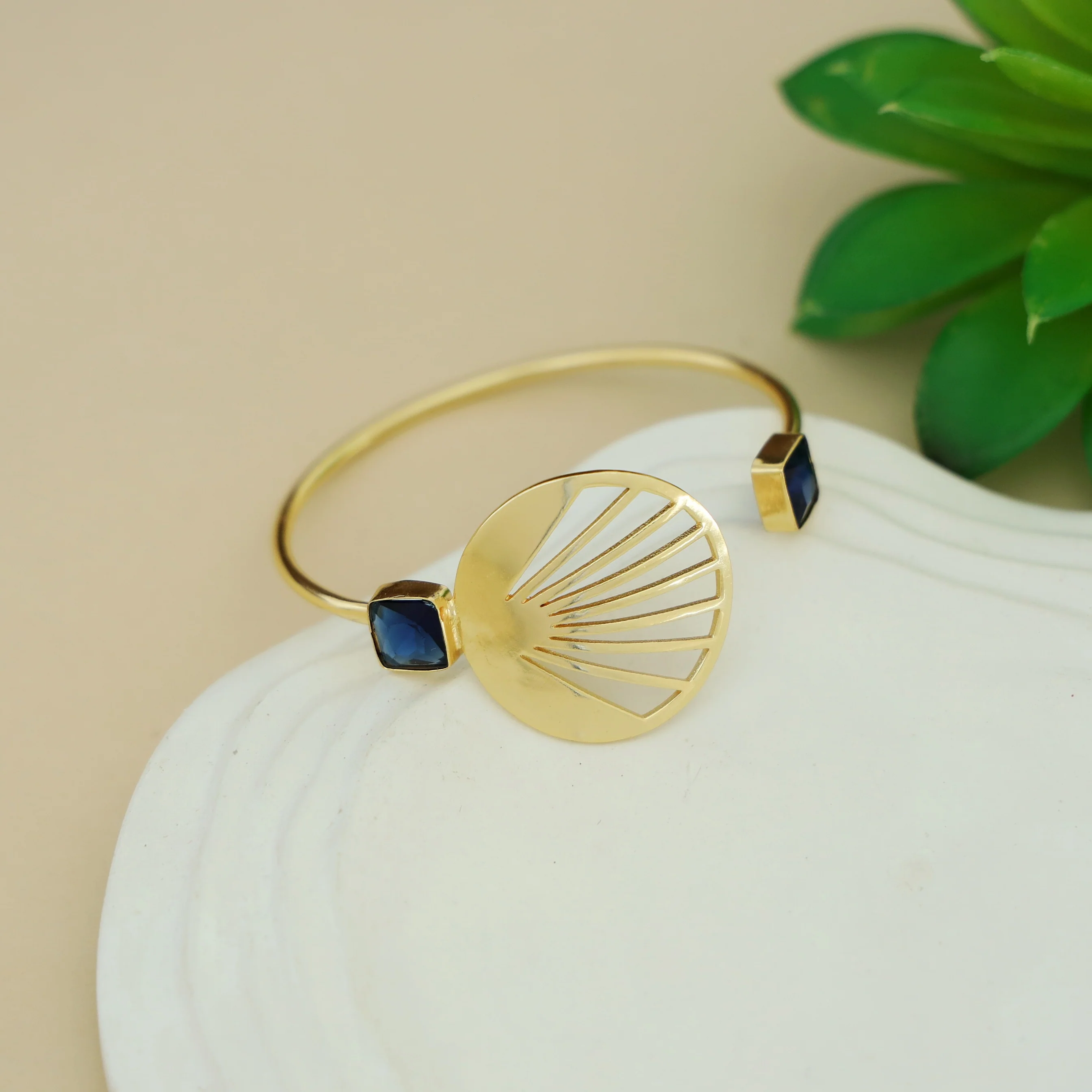 Adley Golden Sunburst Dual Square Glossy Stone Bangle - Image 2