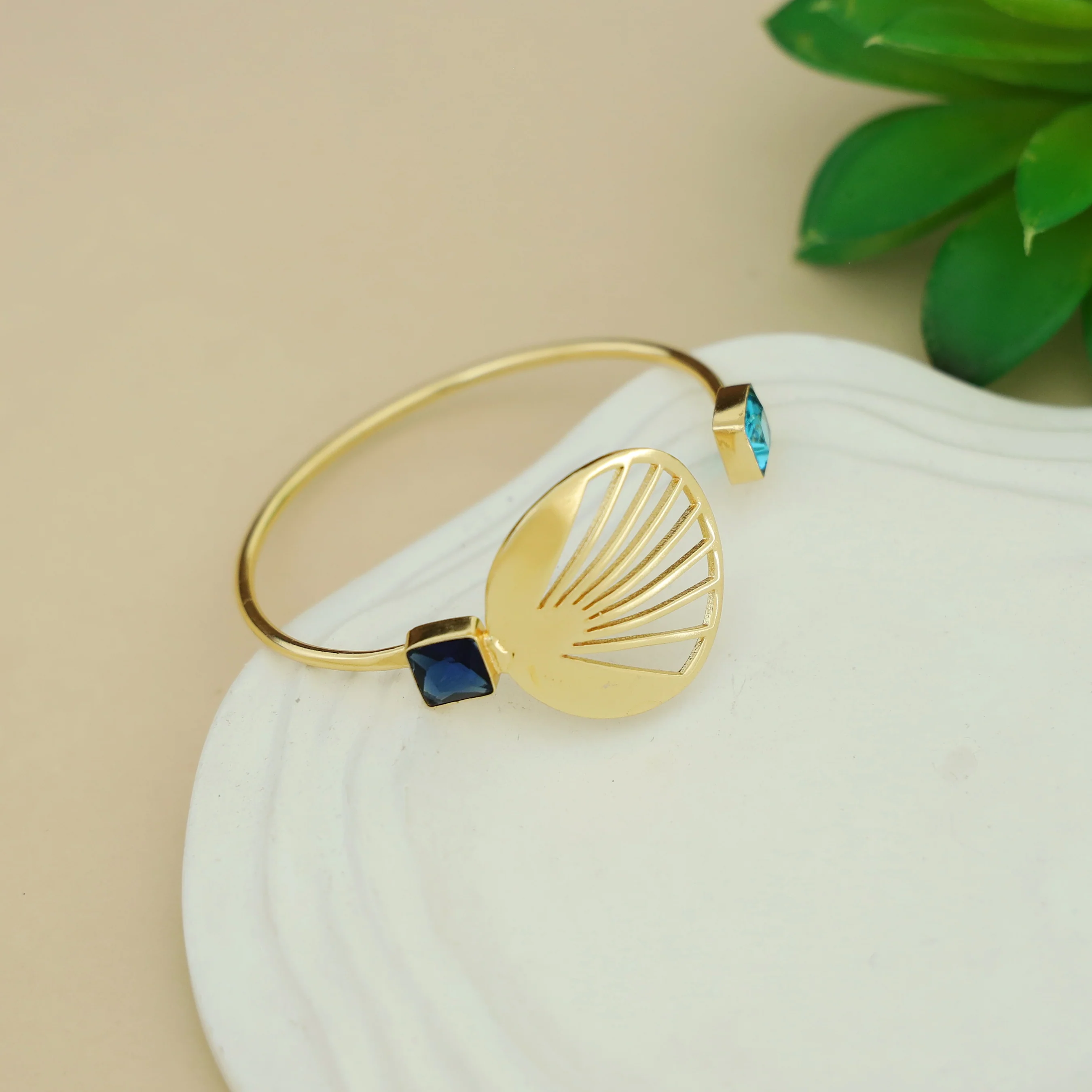 Adley Golden Sunburst Dual Square Glossy Stone Bangle - Image 4