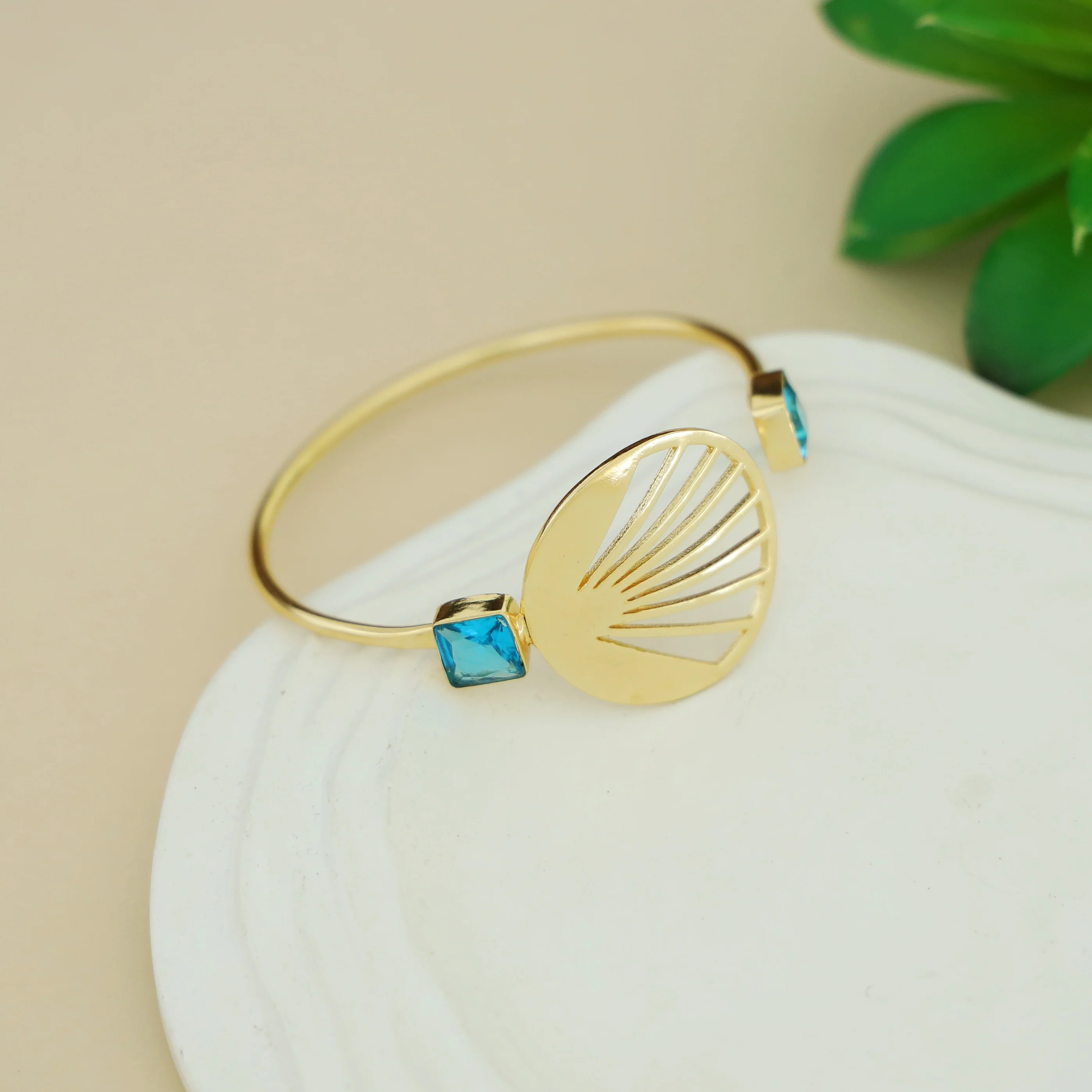 Adley Golden Sunburst Dual Square Glossy Stone Bangle - Image 5