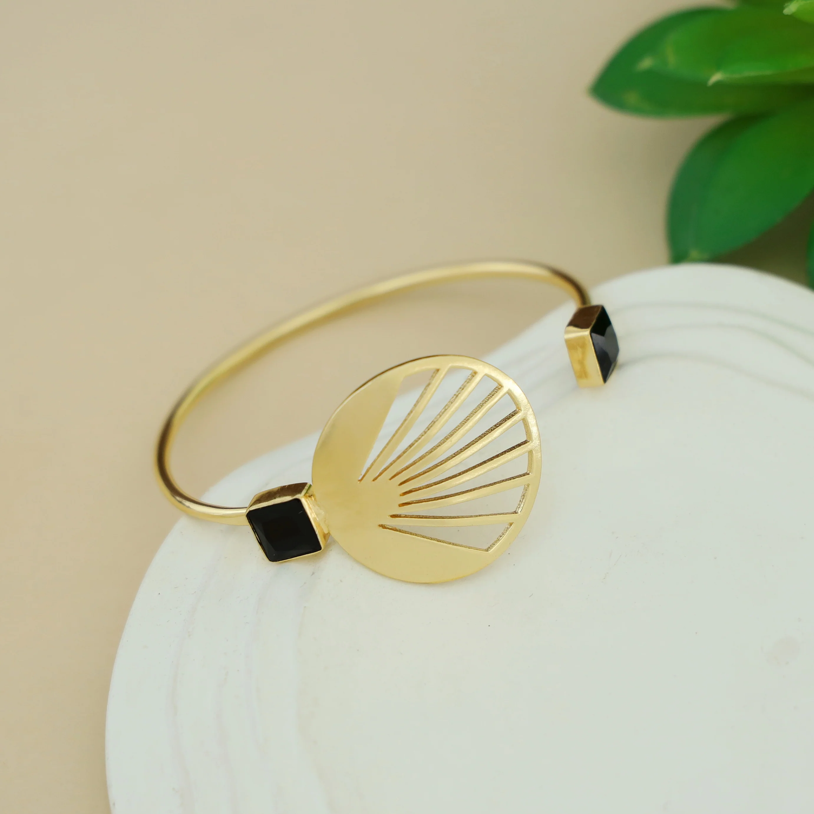 Adley Golden Sunburst Dual Square Glossy Stone Bangle - Image 6