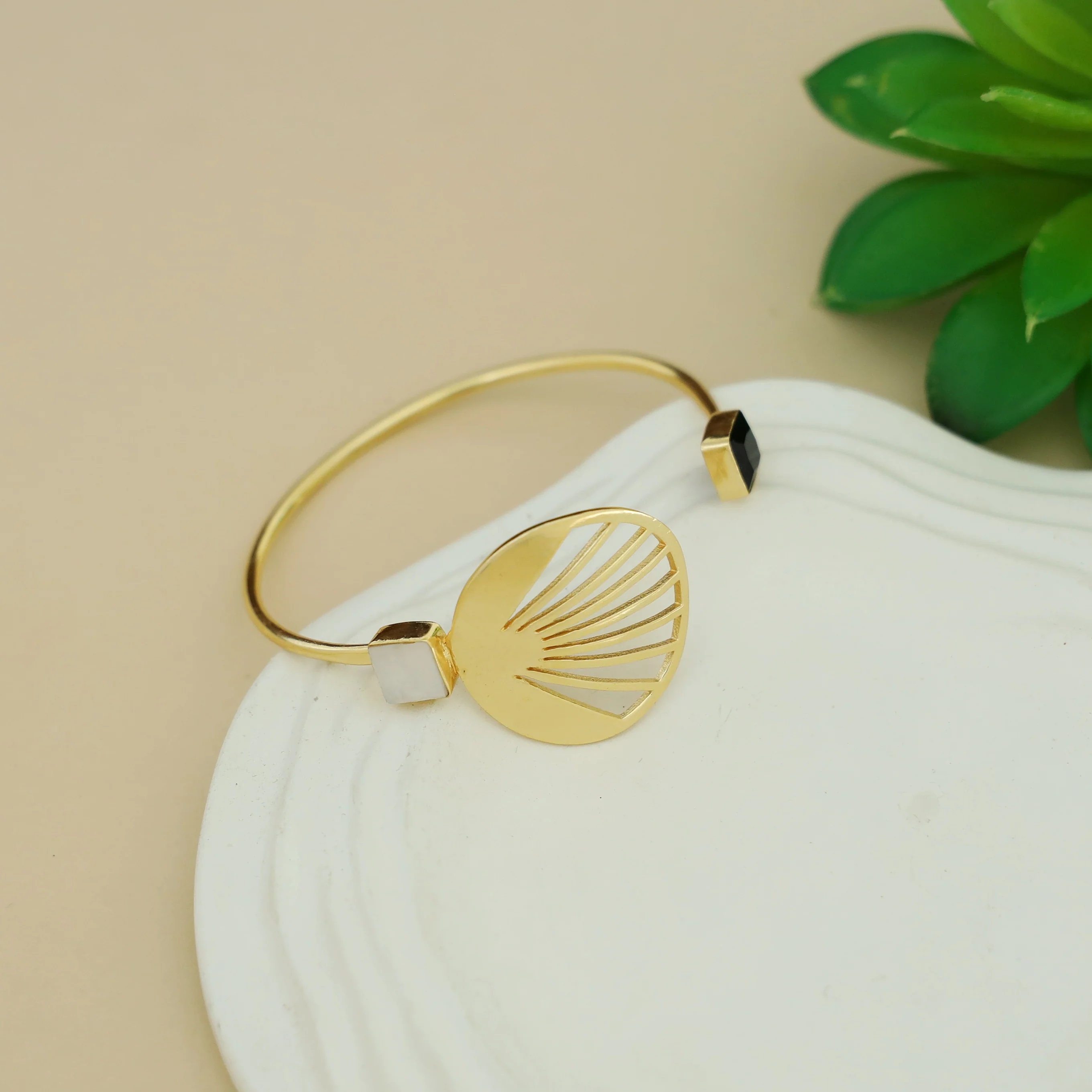 Adley Golden Sunburst Dual Square Glossy Stone Bangle - Image 7