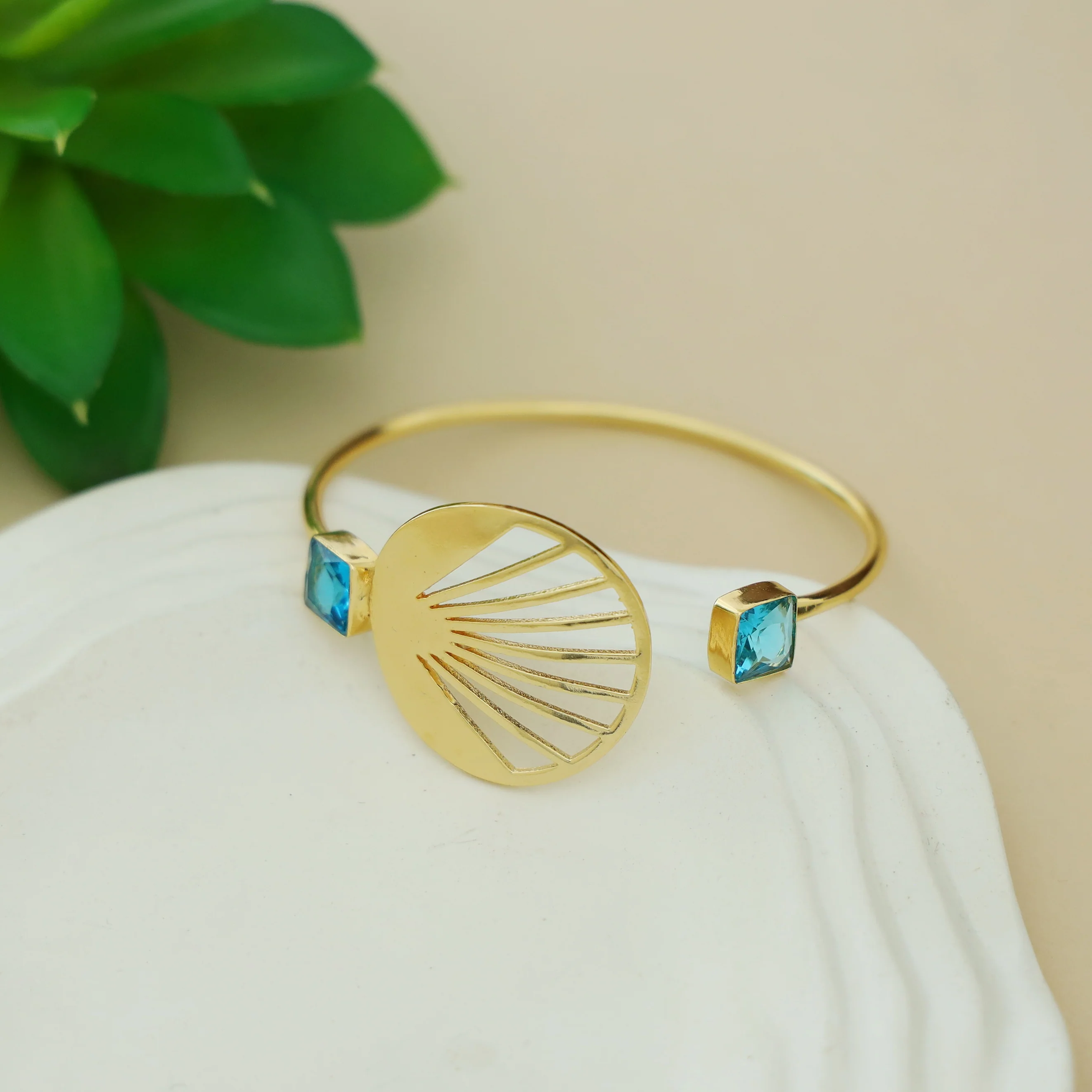 Adley Golden Sunburst Dual Square Glossy Stone Bangle - Image 9