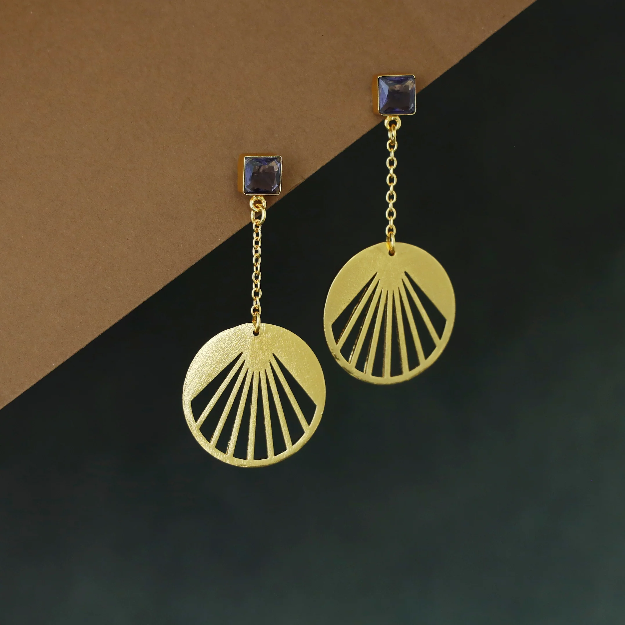 Adley Golden Sunburst Square Glossy Stone Chainy Earring - Image 4