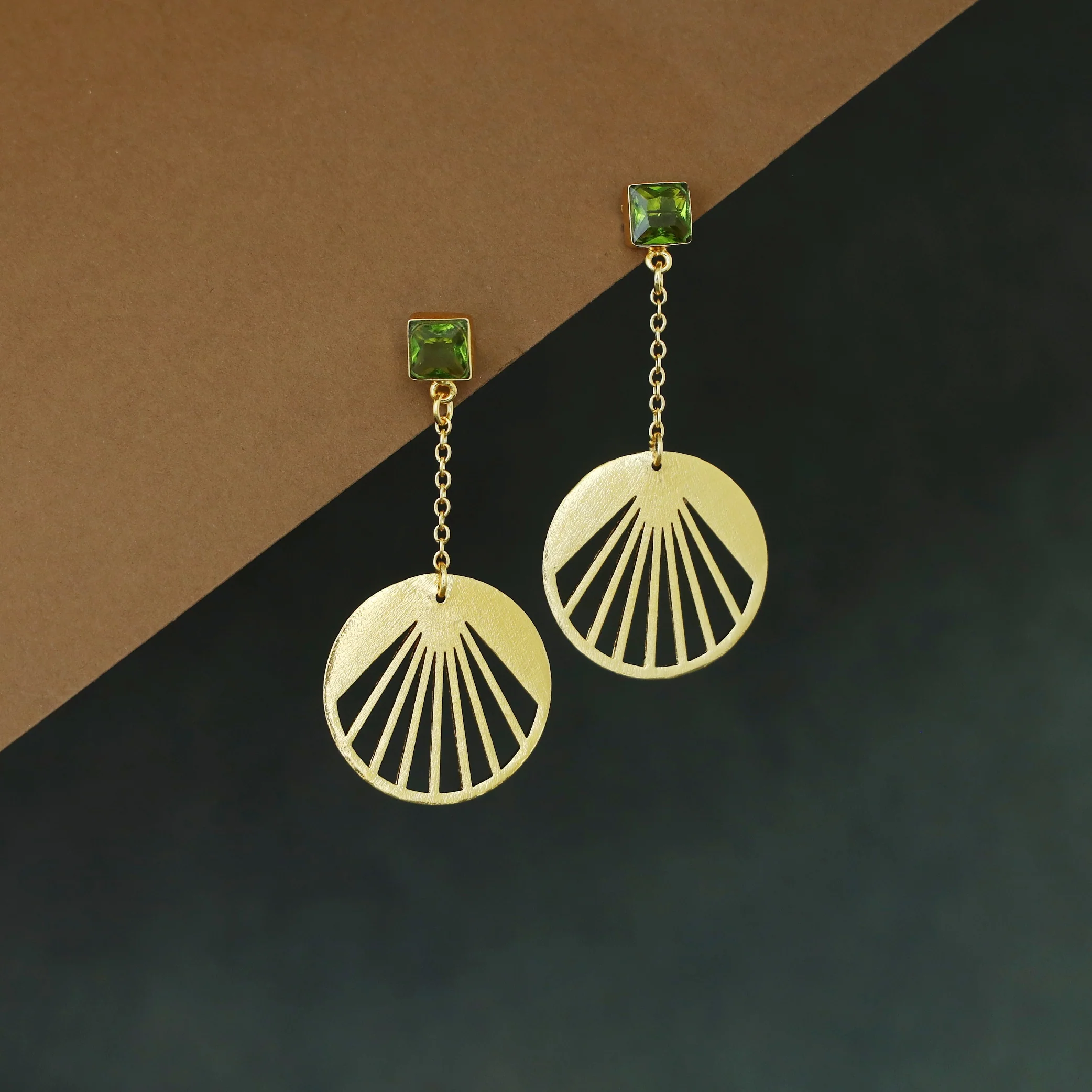 Adley Golden Sunburst Square Glossy Stone Chainy Earring - Image 5