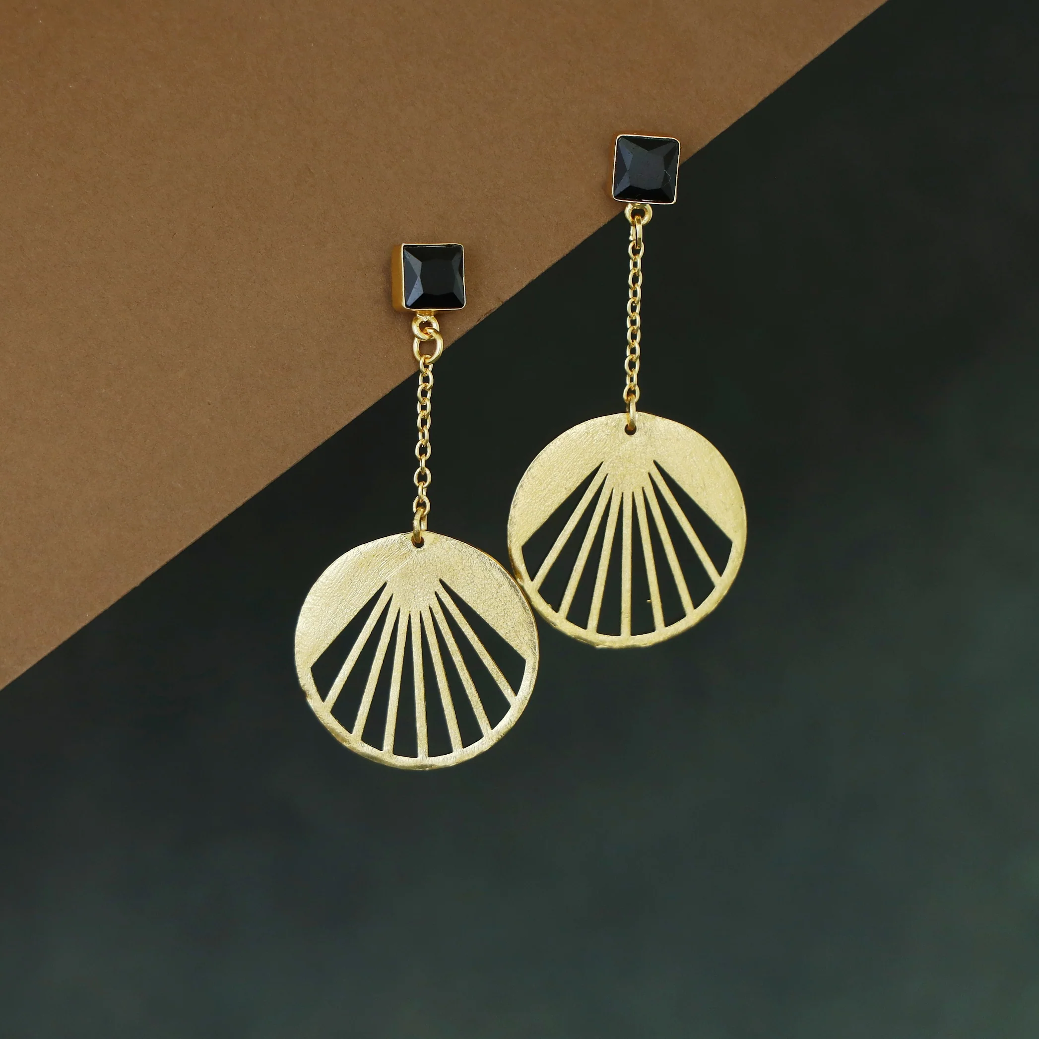 Adley Golden Sunburst Square Glossy Stone Chainy Earring - Image 6