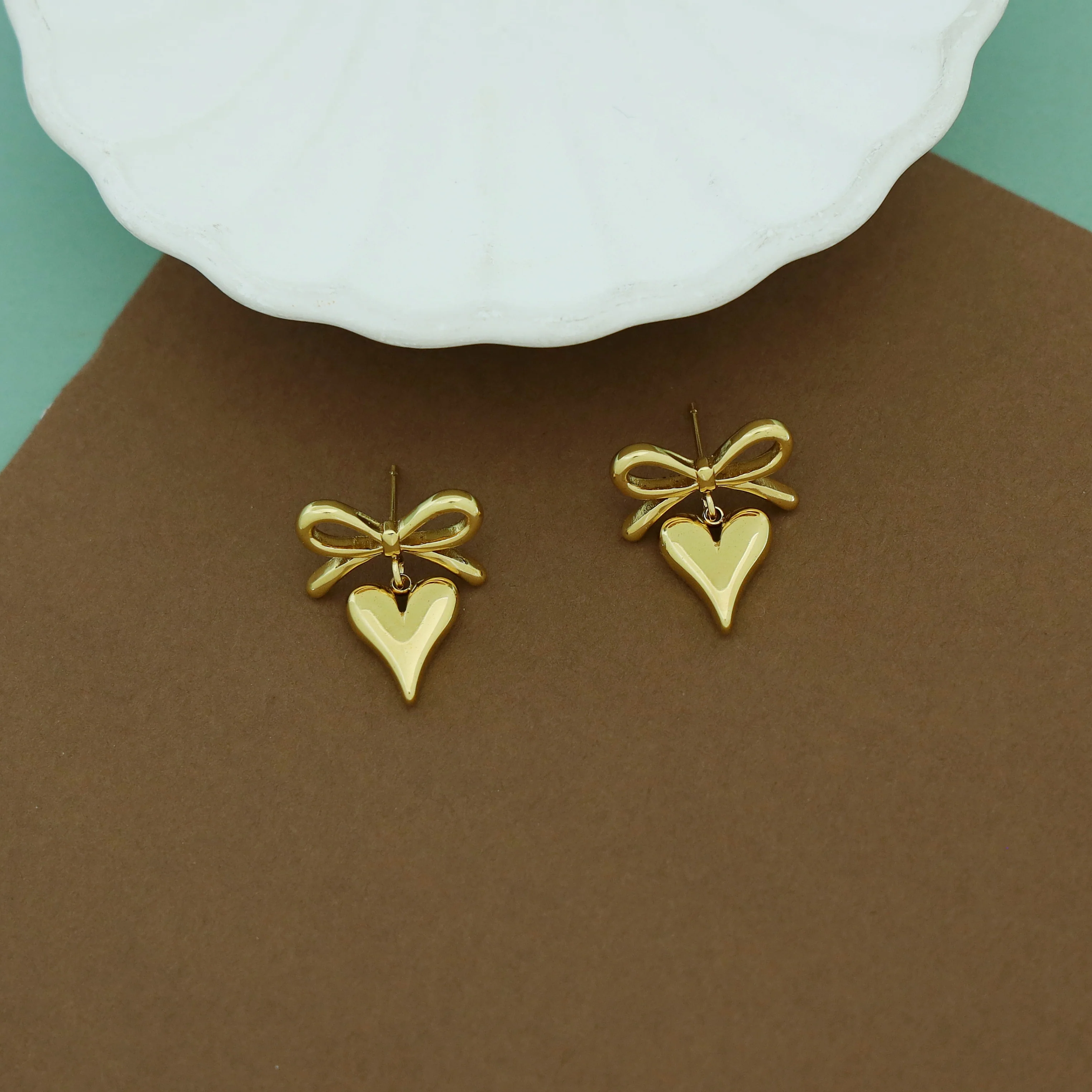 Adriana Golden Bow Heart Earring - Image 2