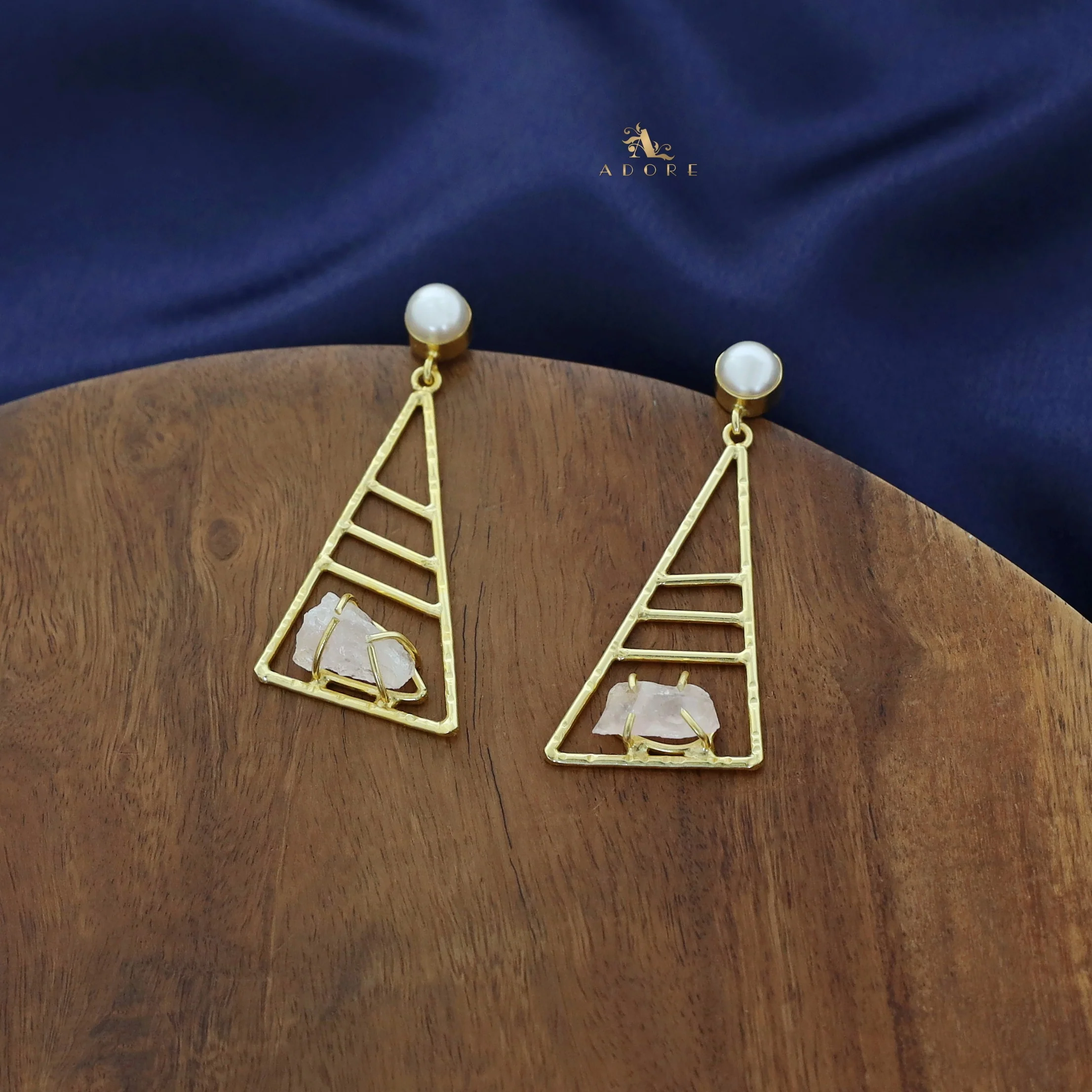 Adrika Golden Triangular Dyed + Raw Stone Earring with Pearl - Image 10