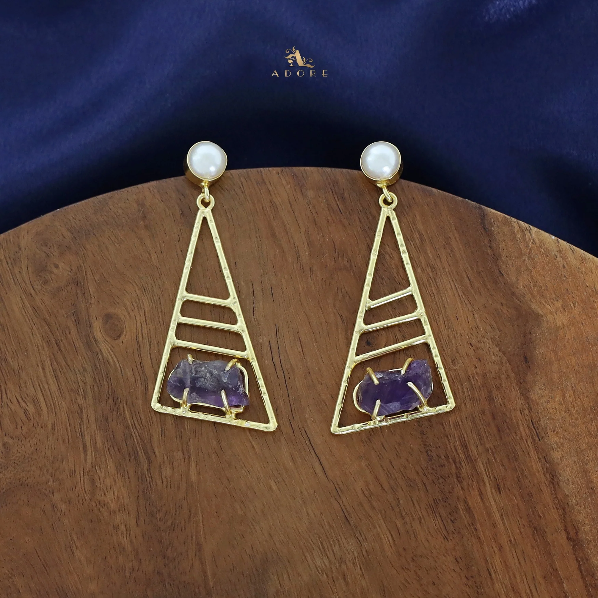 Adrika Golden Triangular Dyed + Raw Stone Earring with Pearl - Image 11