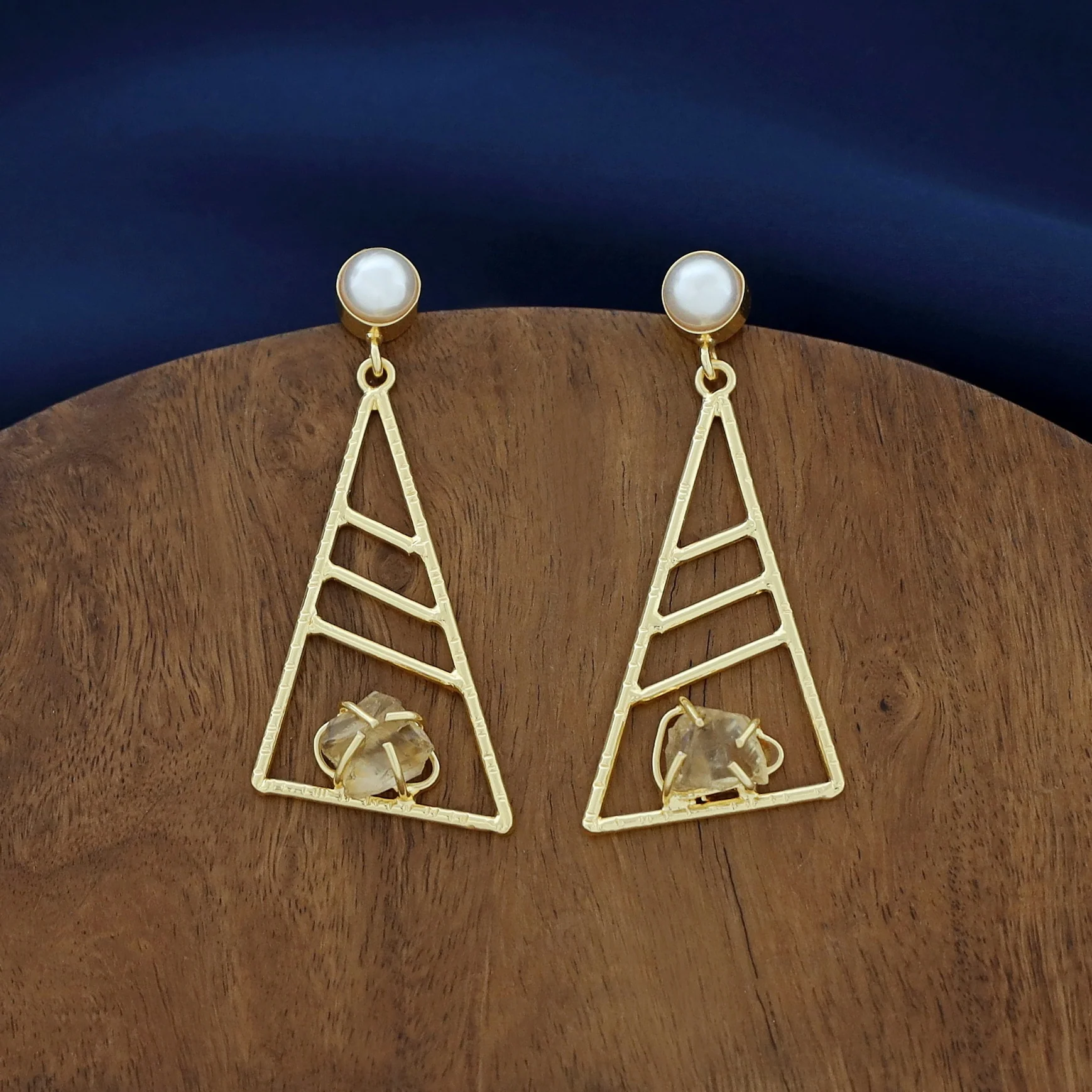 Adrika Golden Triangular Dyed + Raw Stone Earring with Pearl - Image 2
