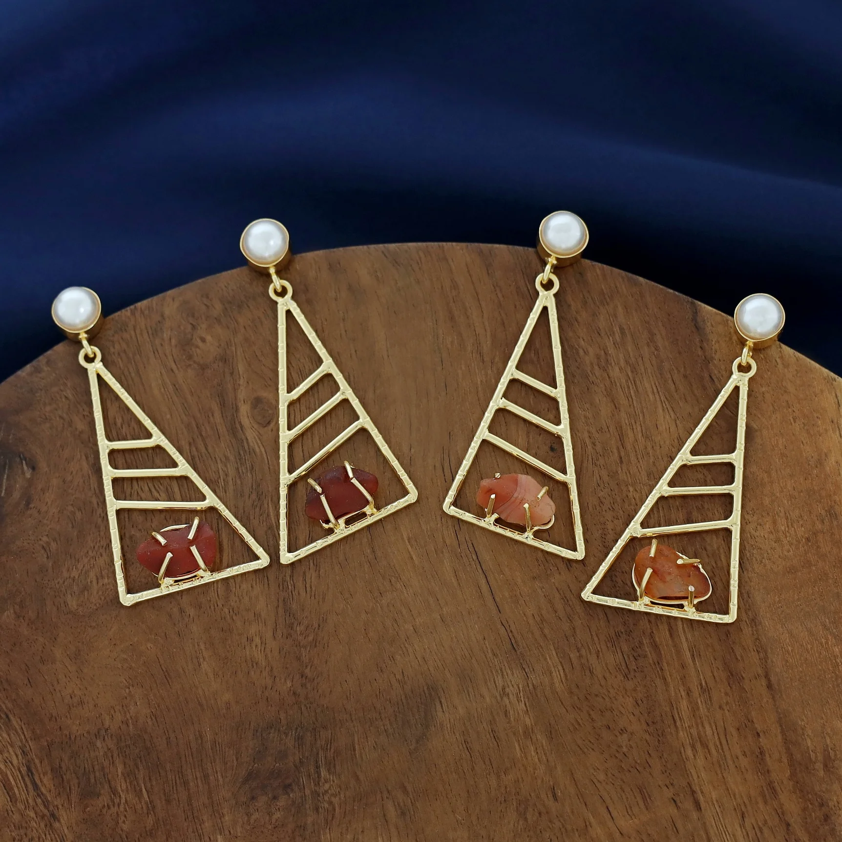 Adrika Golden Triangular Dyed + Raw Stone Earring with Pearl - Image 3