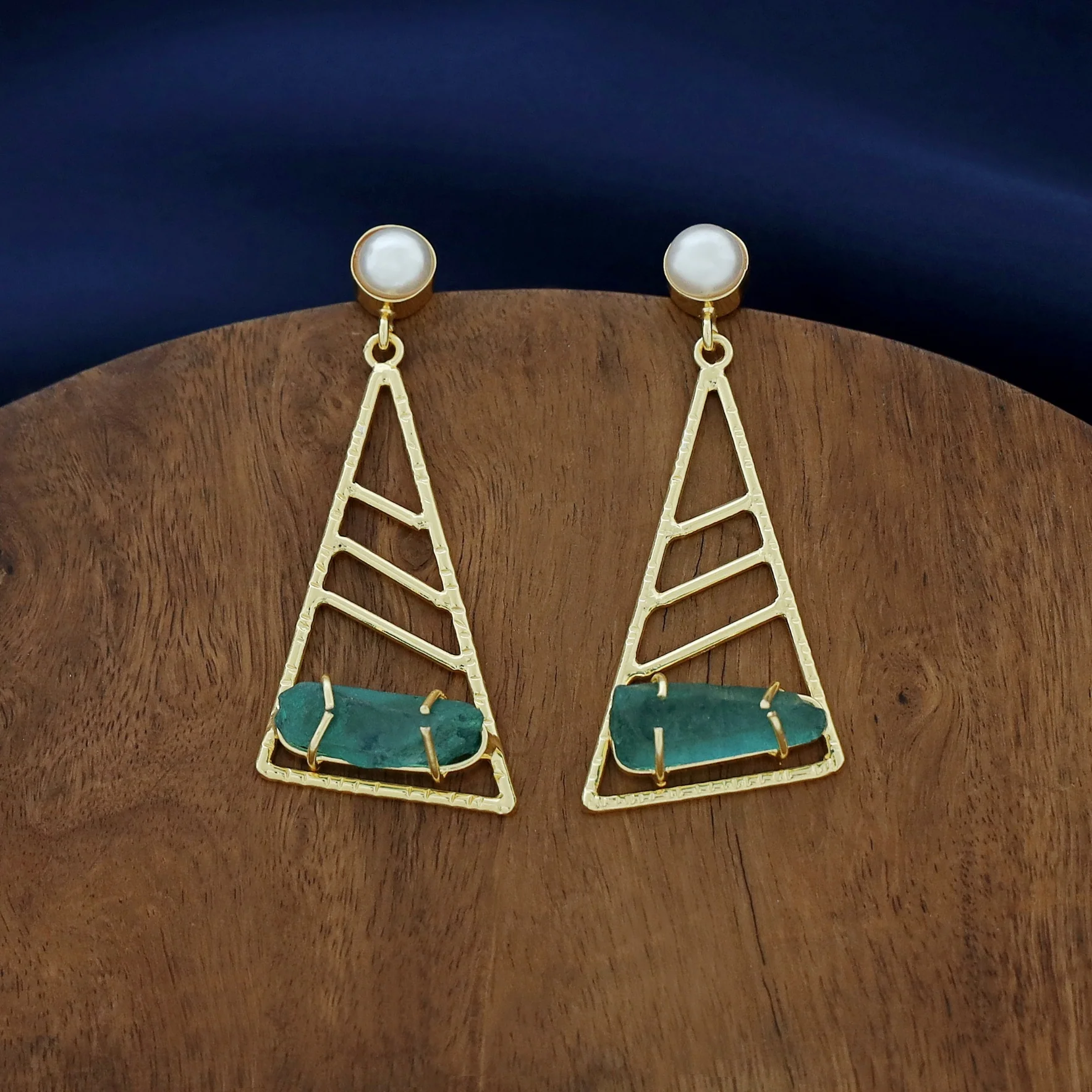 Adrika Golden Triangular Dyed + Raw Stone Earring with Pearl - Image 4
