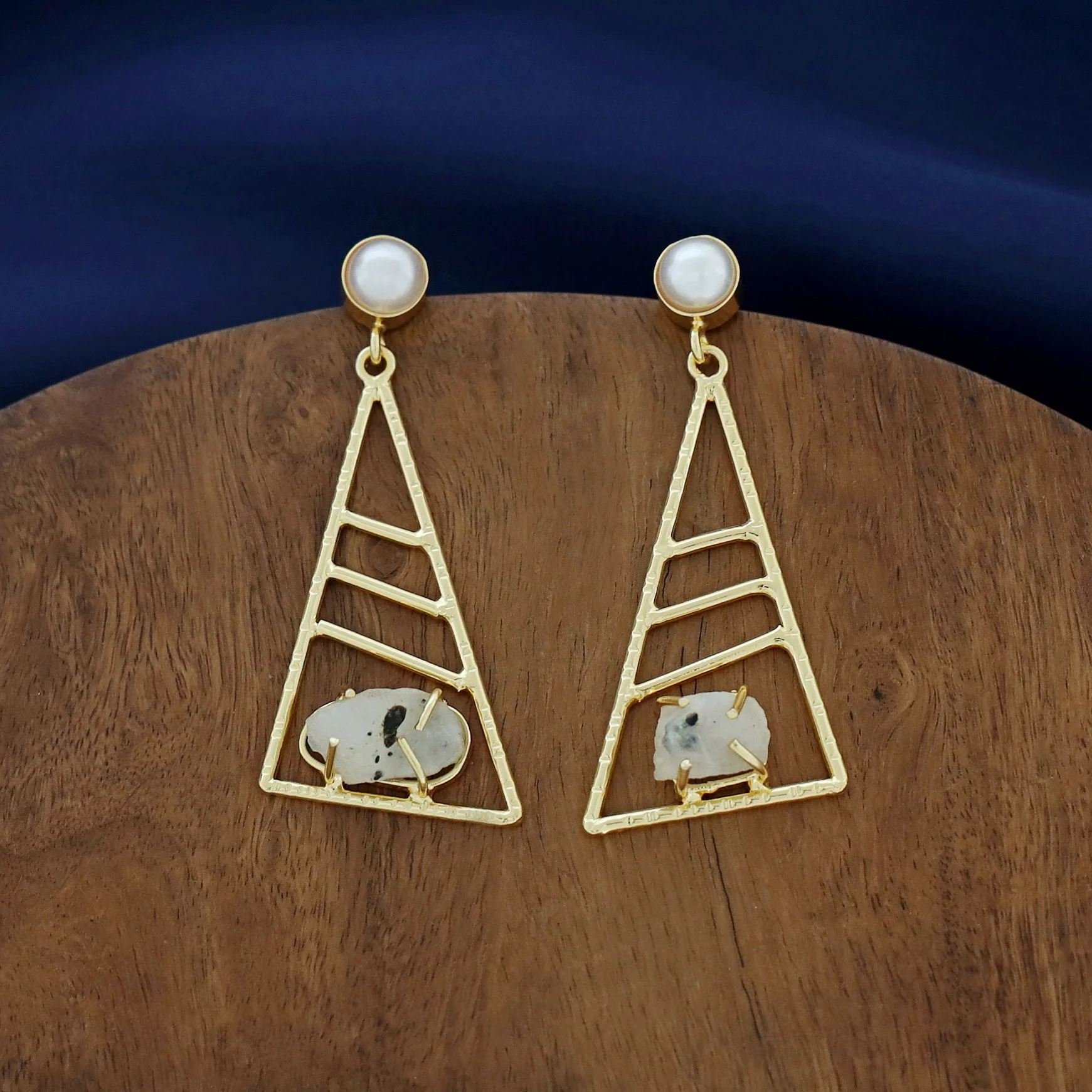 Adrika Golden Triangular Dyed + Raw Stone Earring with Pearl - Image 5