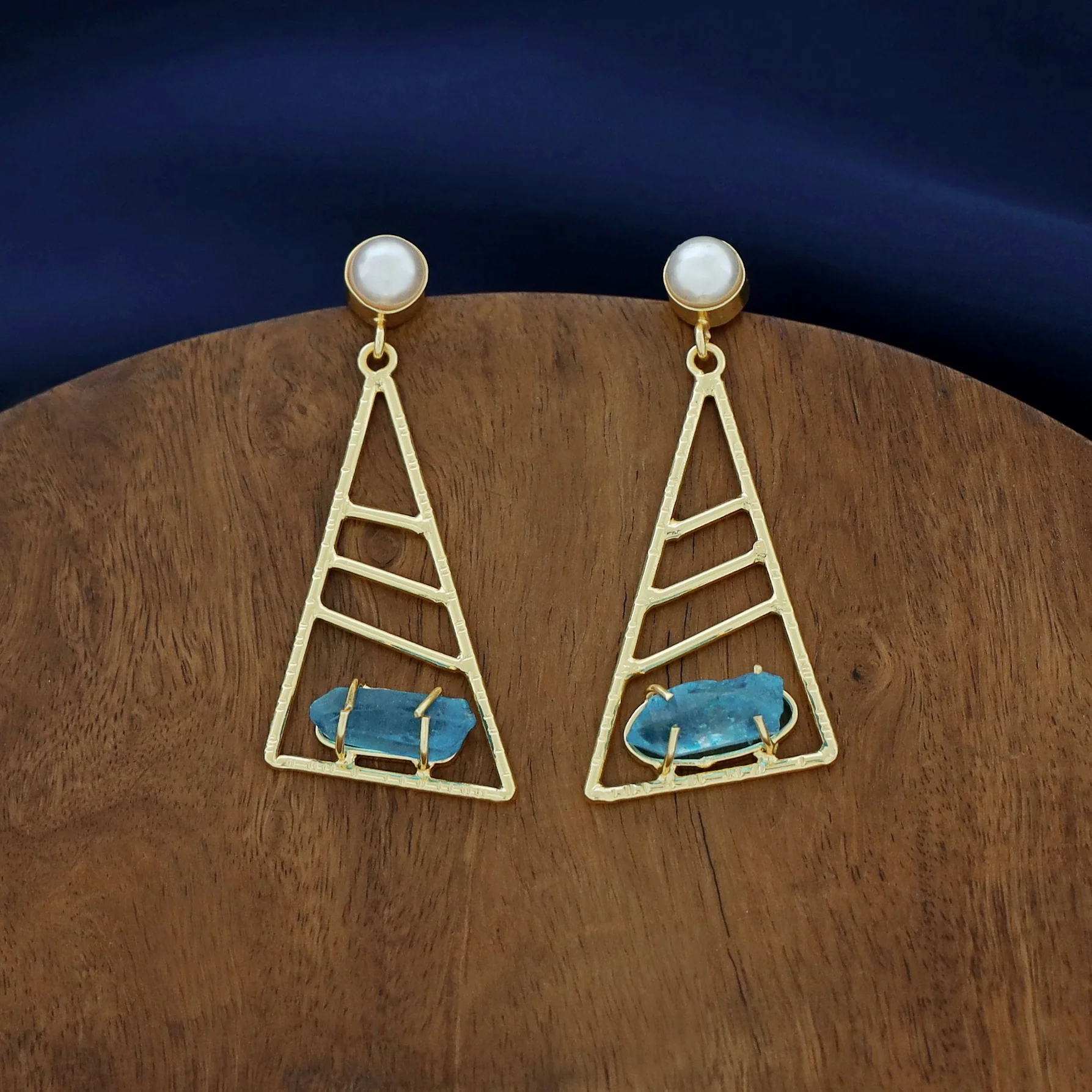 Adrika Golden Triangular Dyed + Raw Stone Earring with Pearl - Image 6
