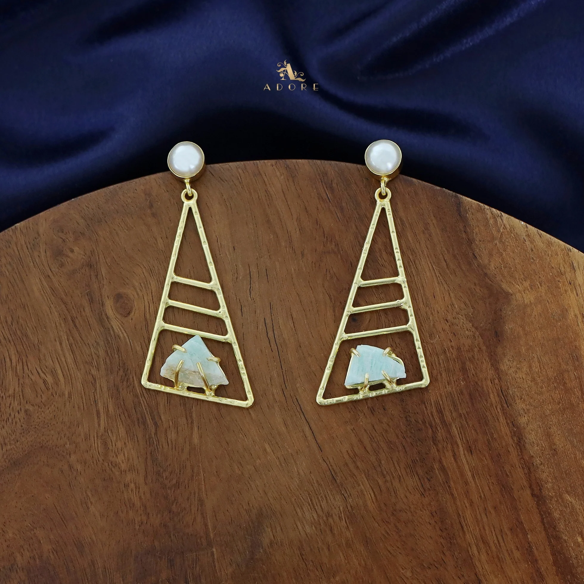 Adrika Golden Triangular Dyed + Raw Stone Earring with Pearl - Image 7