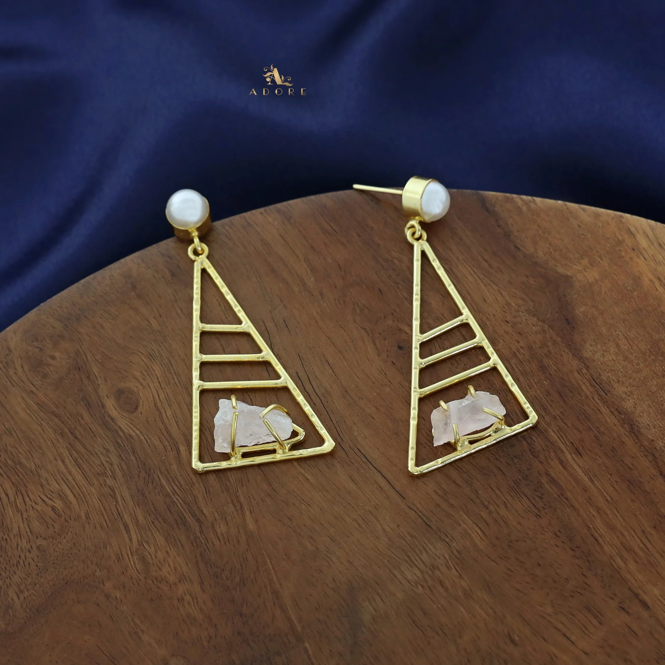 Adrika Golden Triangular Dyed + Raw Stone Earring with Pearl - Image 8