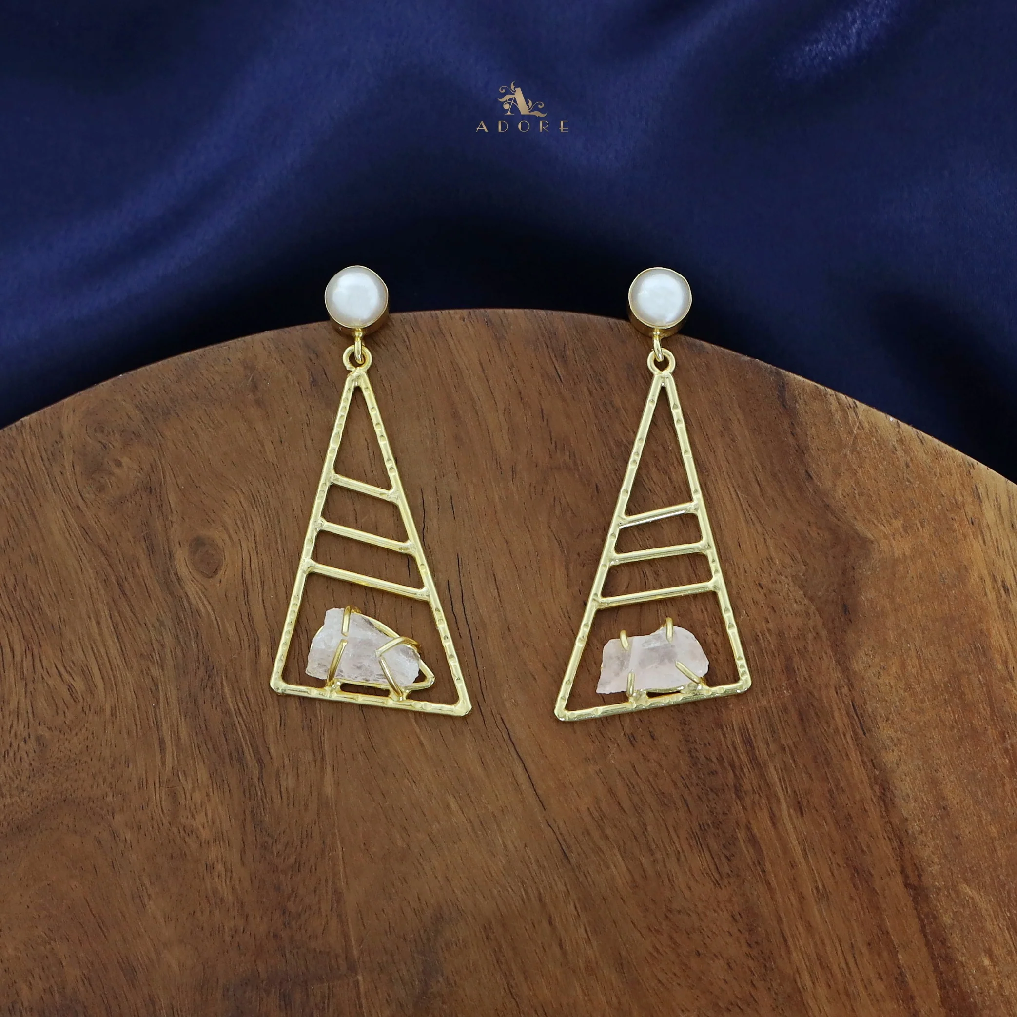 Adrika Golden Triangular Dyed + Raw Stone Earring with Pearl - Image 9