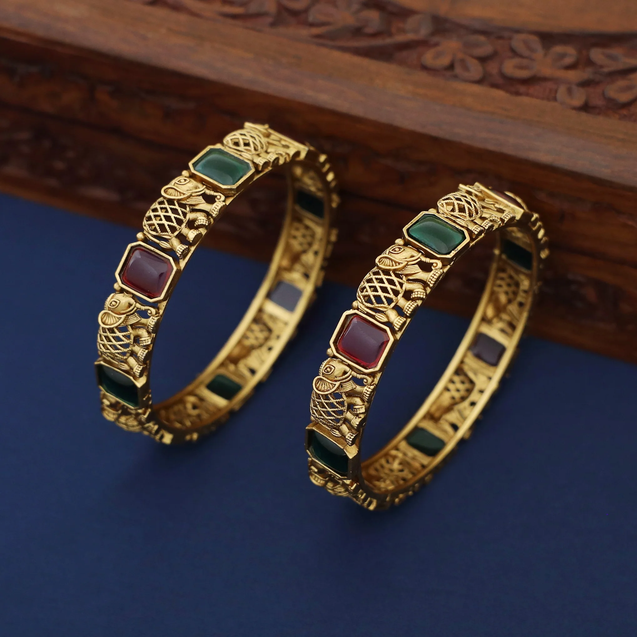 Adrisa Gajavanthi Kemp Stone Bangle (Set Of 2) - Image 3