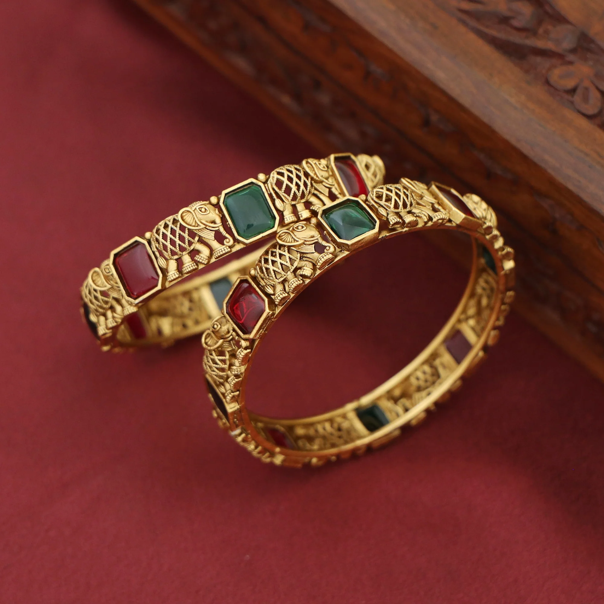 Adrisa Gajavanthi Kemp Stone Bangle (Set Of 2) - Image 4