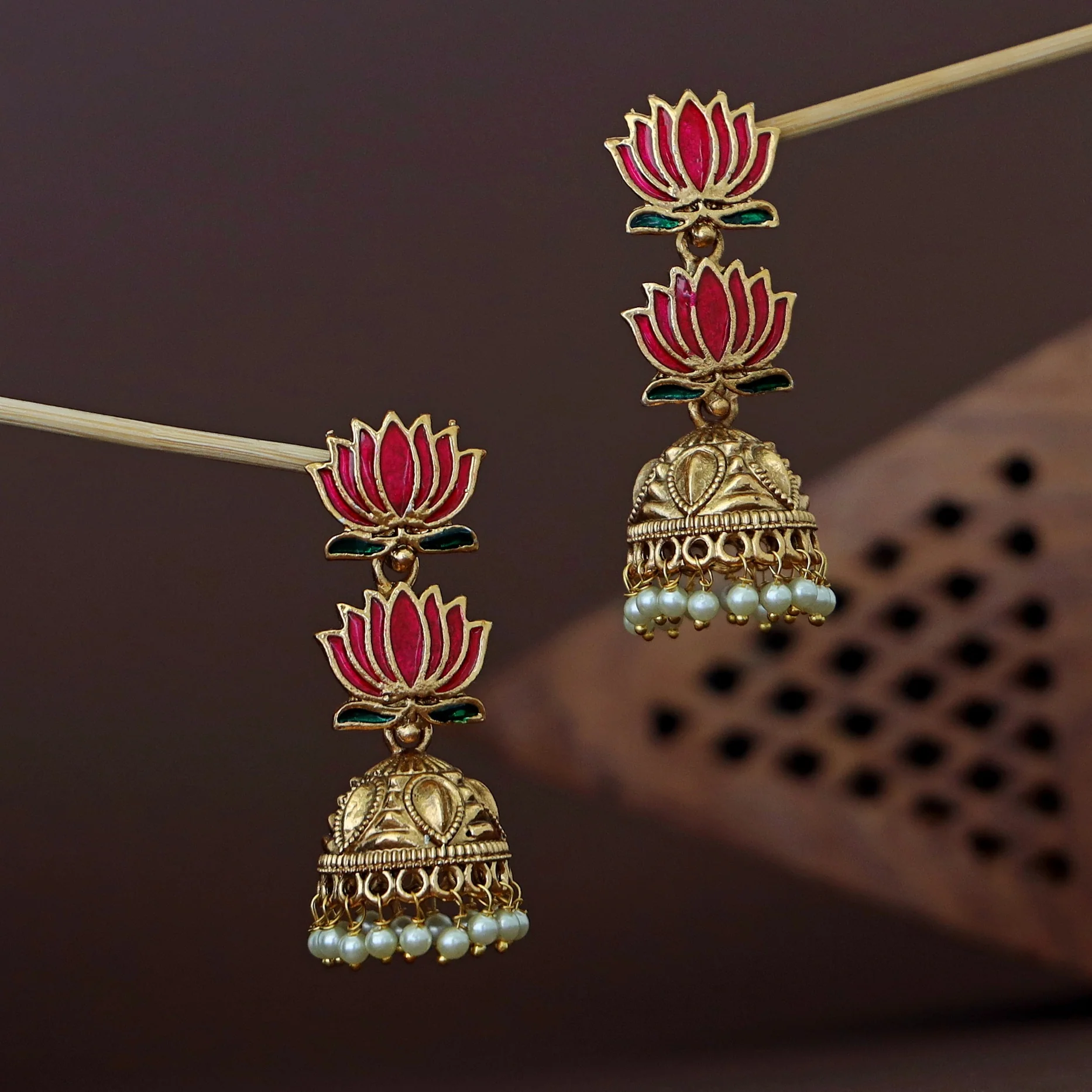 Advaita Enamel Dual Lotus Pearl Jhumka - Image 2