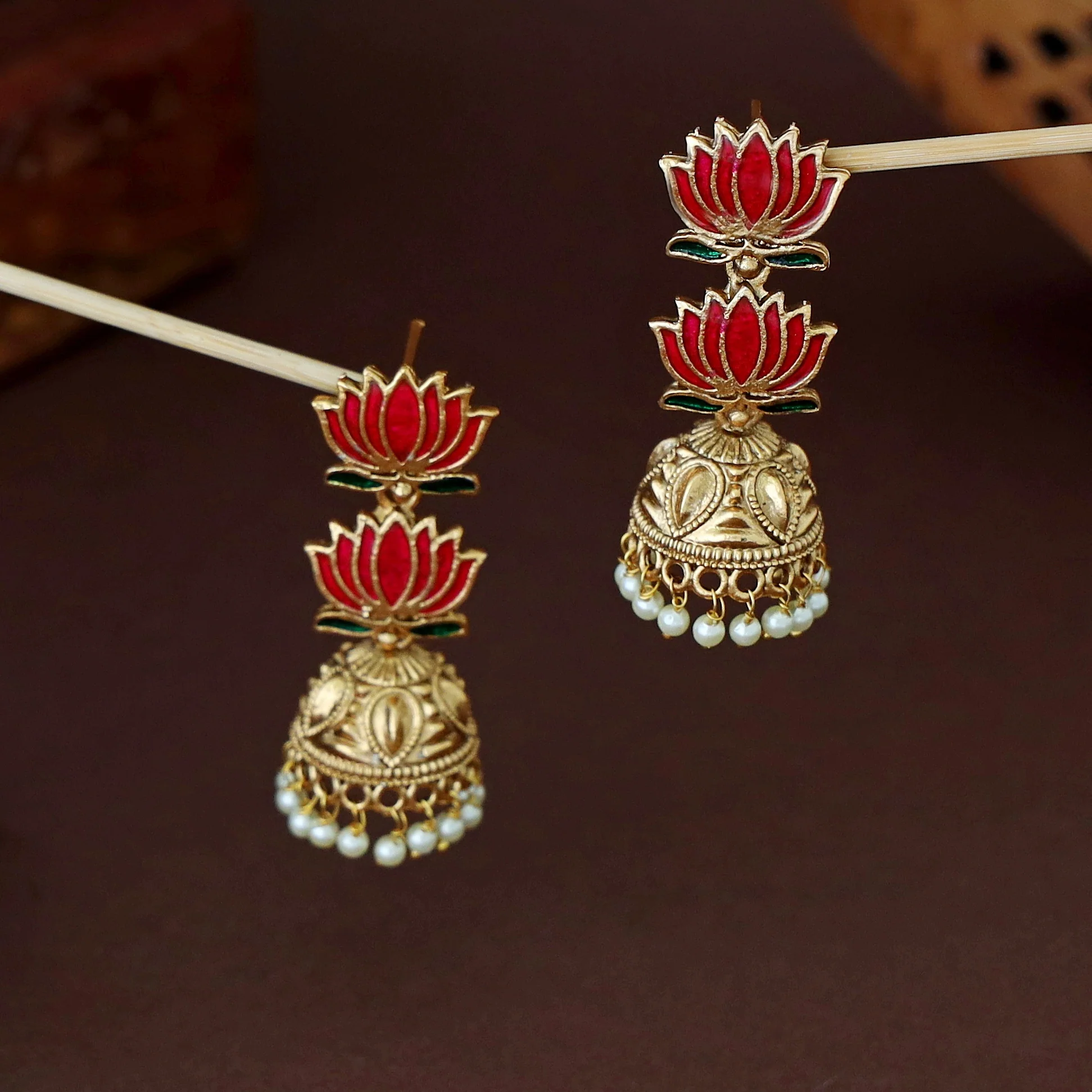 Advaita Enamel Dual Lotus Pearl Jhumka - Image 3