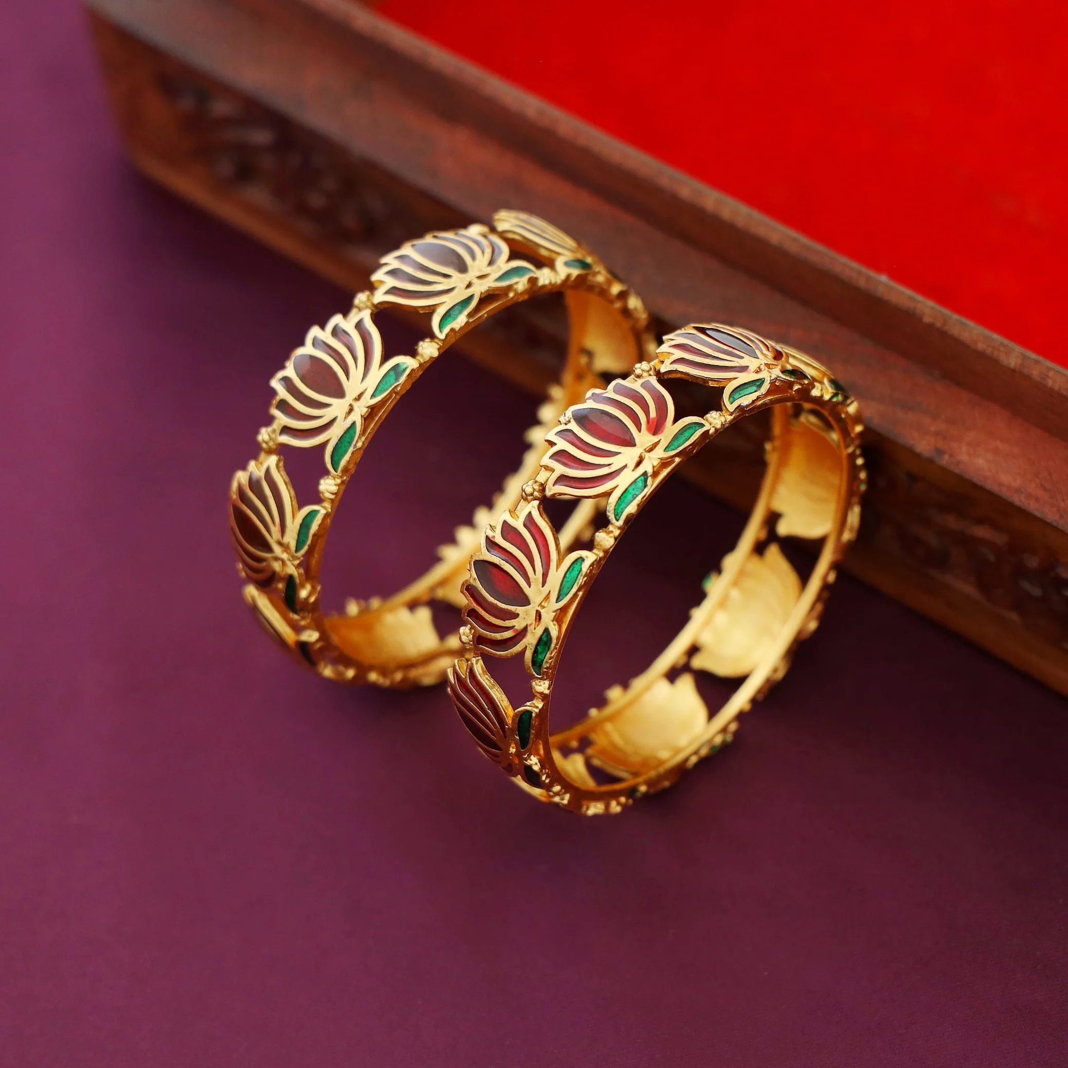 Advaita Enamel Lotus Bangle (Set Of 2) - Image 4