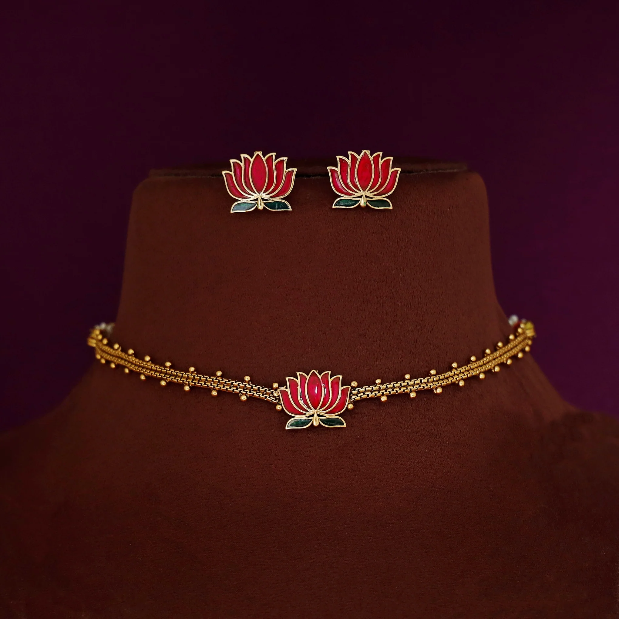 Advaita Enamel Lotus Choker With Earring - Image 3
