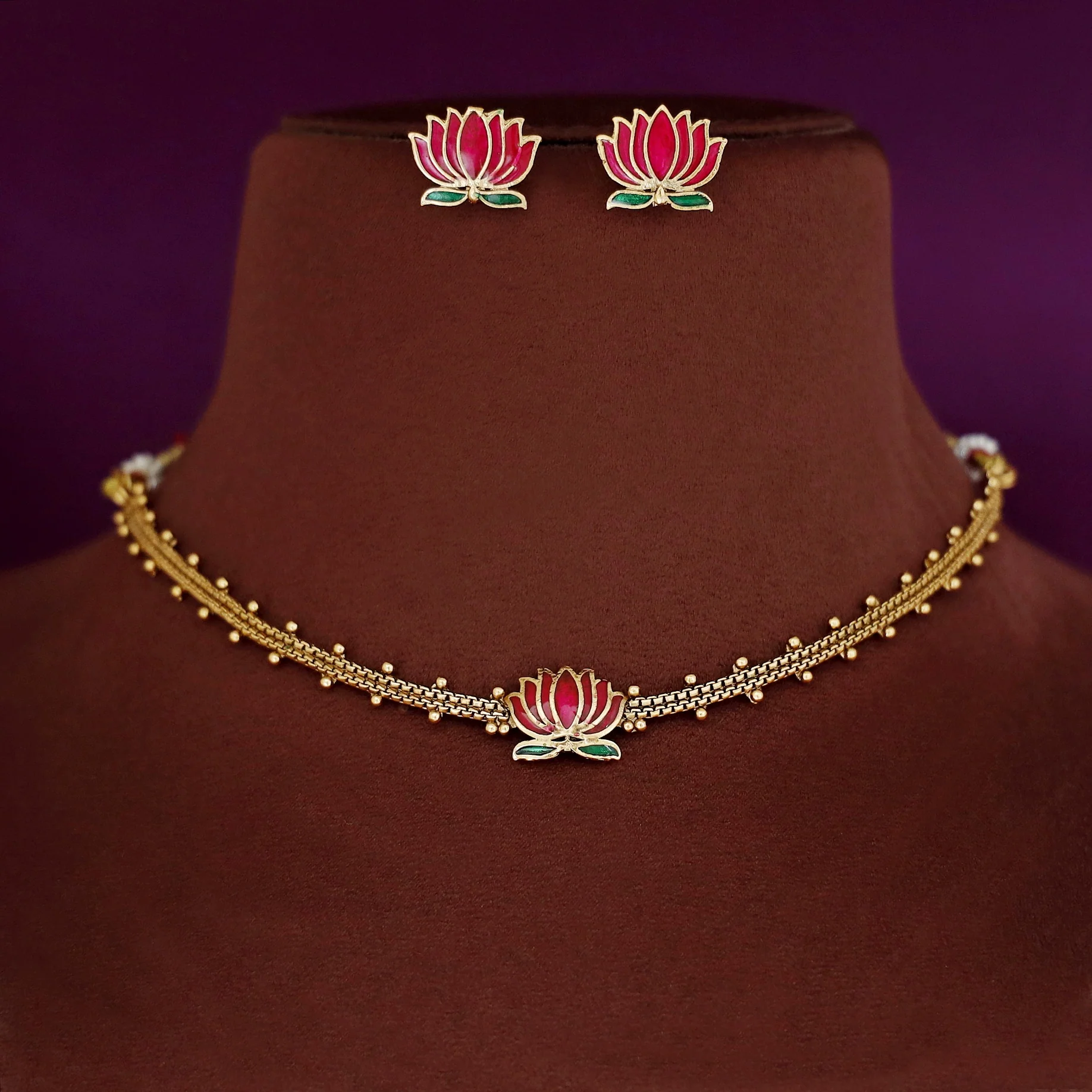 Advaita Enamel Lotus Choker With Earring - Image 6