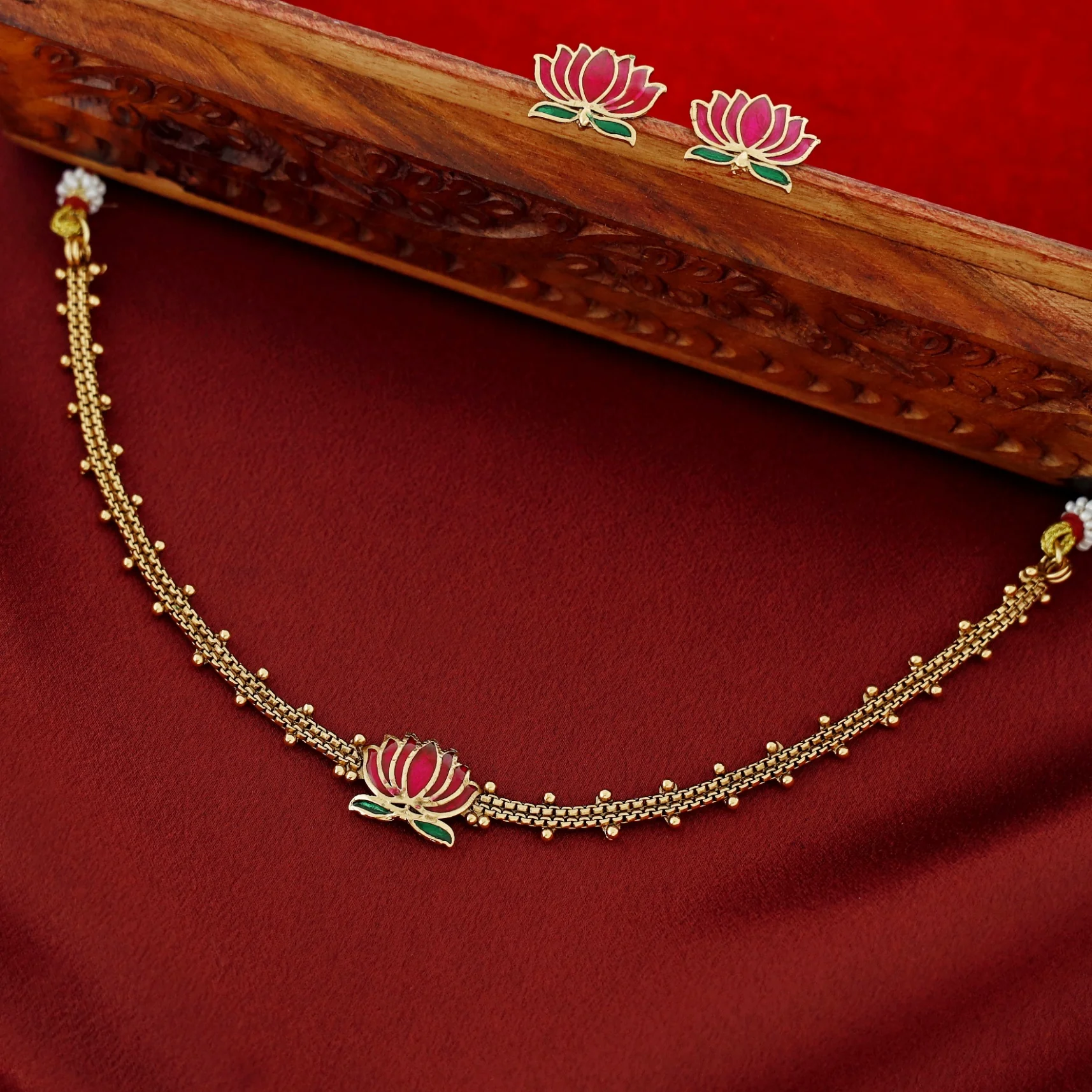 Advaita Enamel Lotus Choker With Earring - Image 7