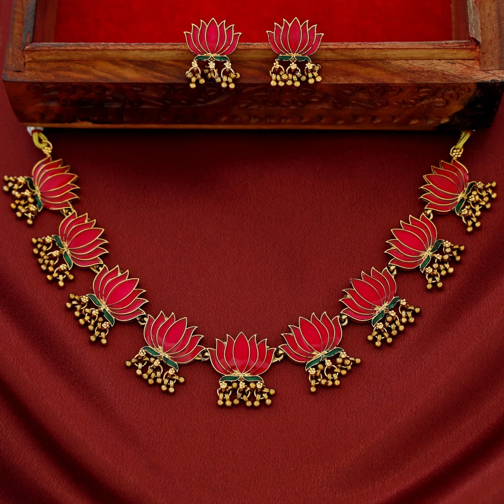 Advaita Enamel Lotus Cluster Golden Ball Neckpiece With Earring - Image 2