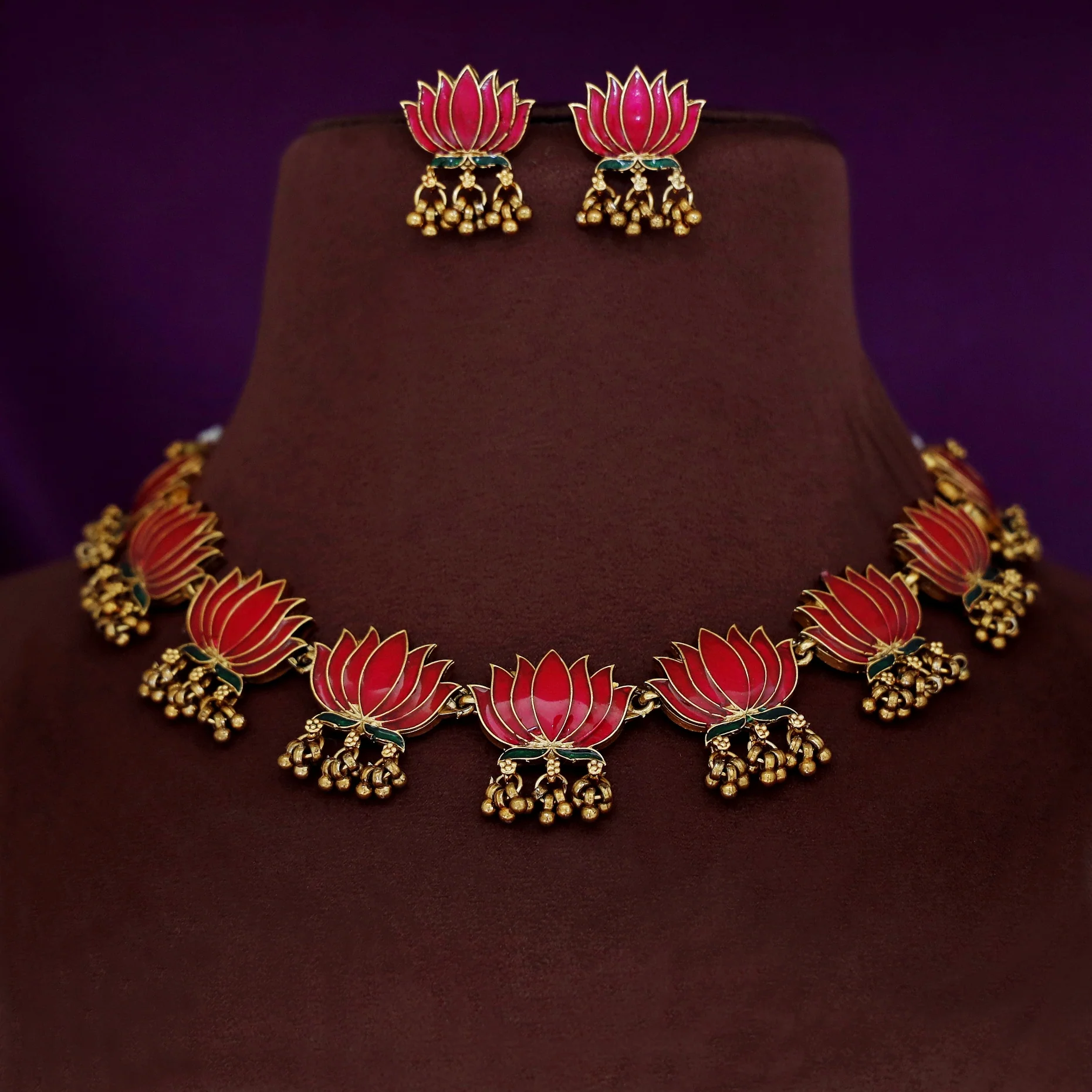 Advaita Enamel Lotus Cluster Golden Ball Neckpiece With Earring - Image 3