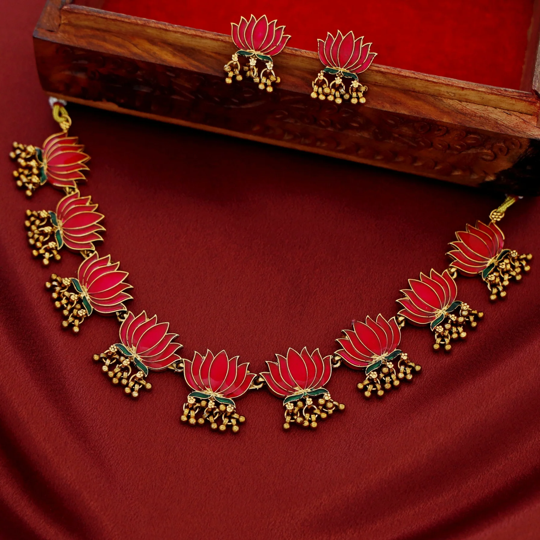 Advaita Enamel Lotus Cluster Golden Ball Neckpiece With Earring - Image 4