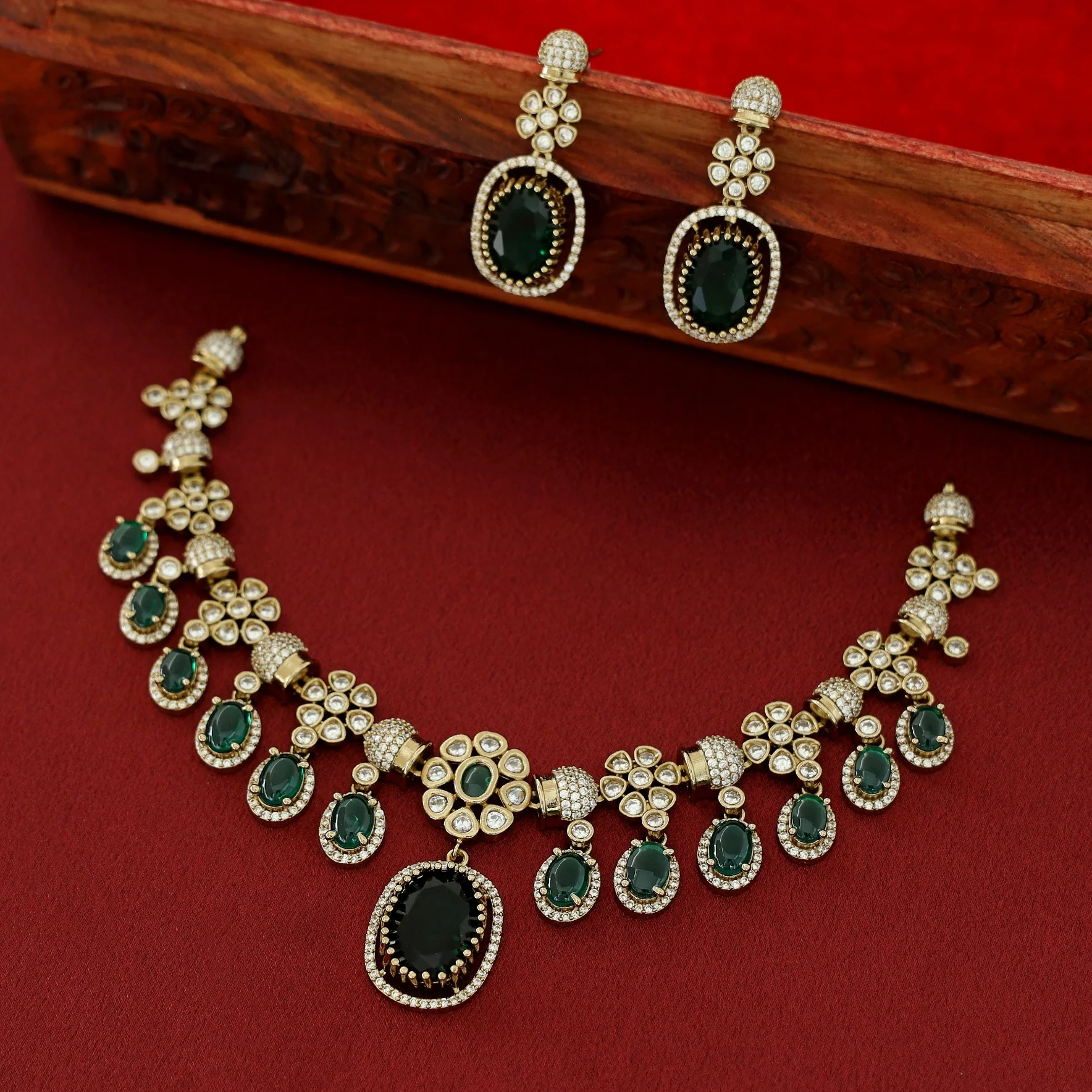 Advitha Glossy Floral AD Stone Neckpiece With Earring - Image 2