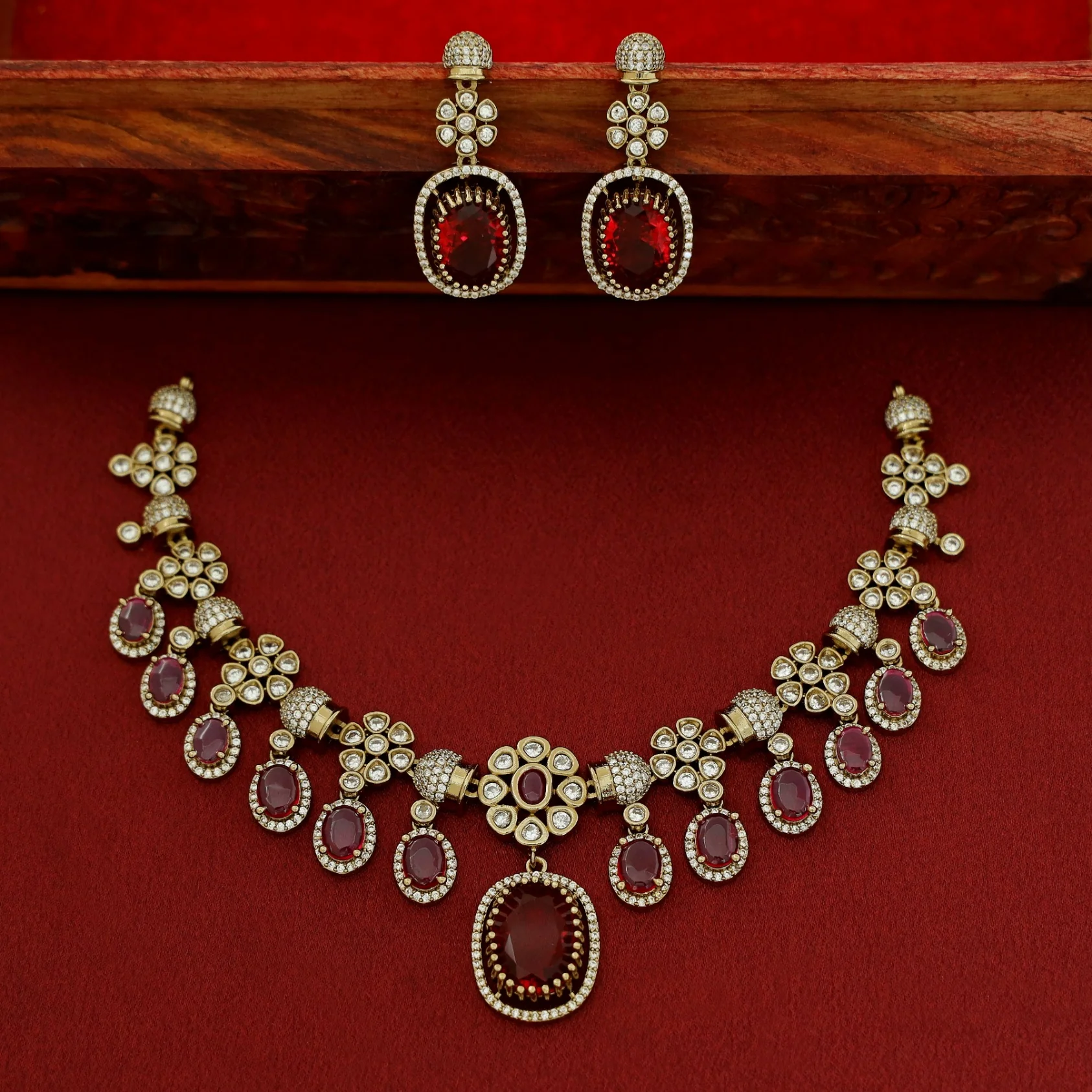Advitha Glossy Floral AD Stone Neckpiece With Earring - Image 3