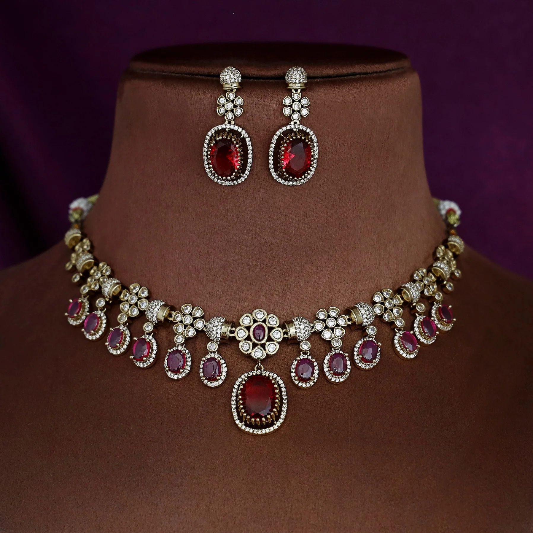 Advitha Glossy Floral AD Stone Neckpiece With Earring - Image 4