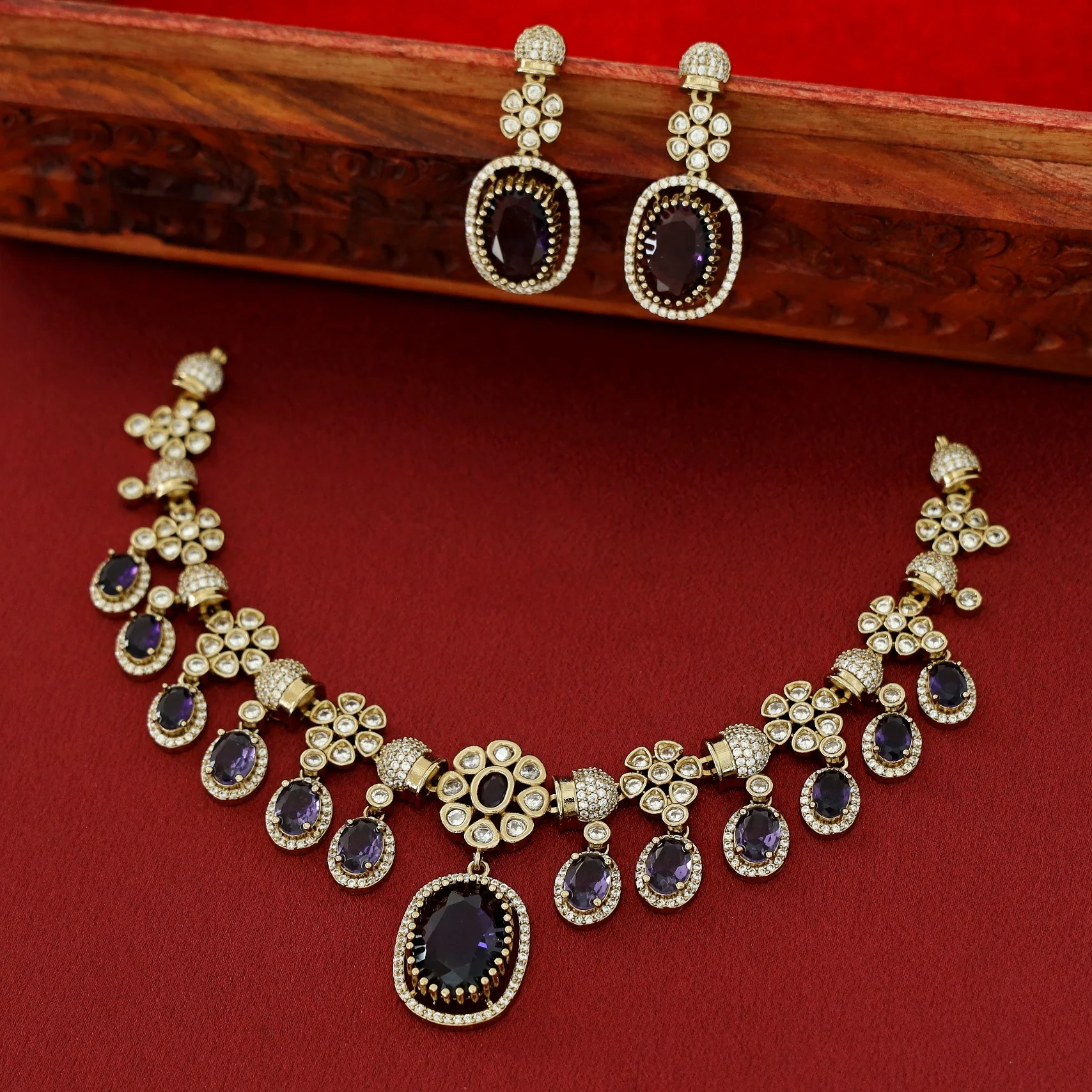Advitha Glossy Floral AD Stone Neckpiece With Earring - Image 5