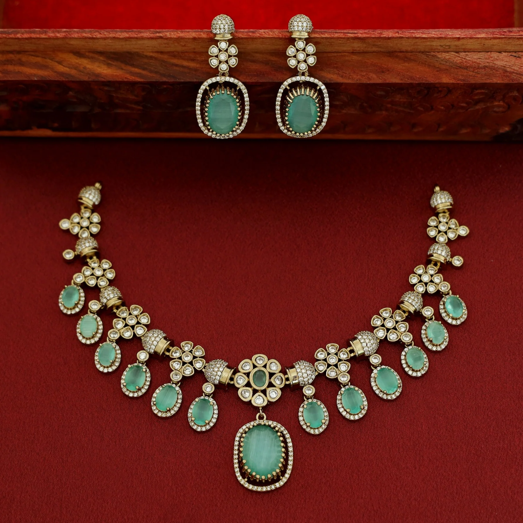 Advitha Glossy Floral AD Stone Neckpiece With Earring - Image 6