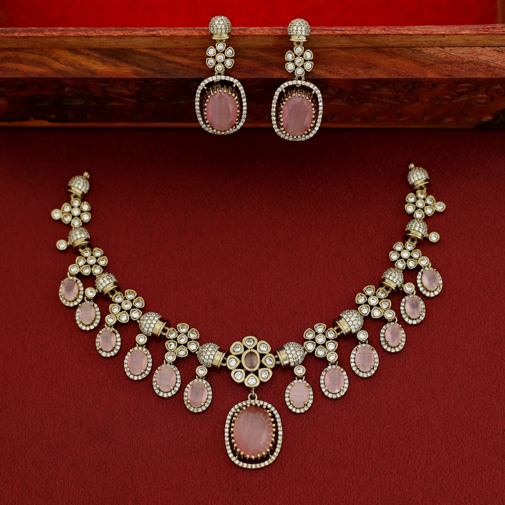 Advitha Glossy Floral AD Stone Neckpiece With Earring - Image 7