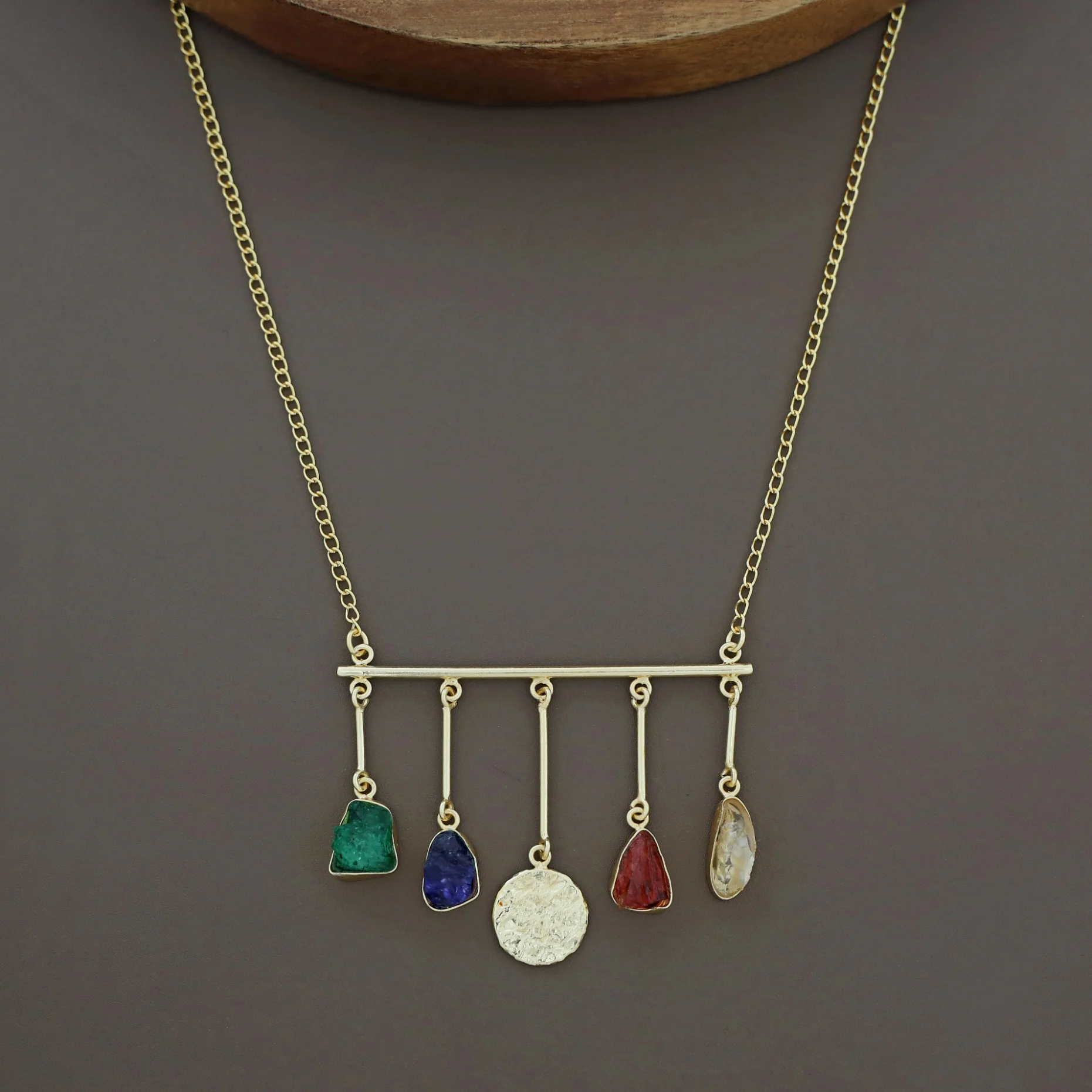 Aeliana Golden Hammered Stick Dyed + Raw Stone Neckpiece - Image 2