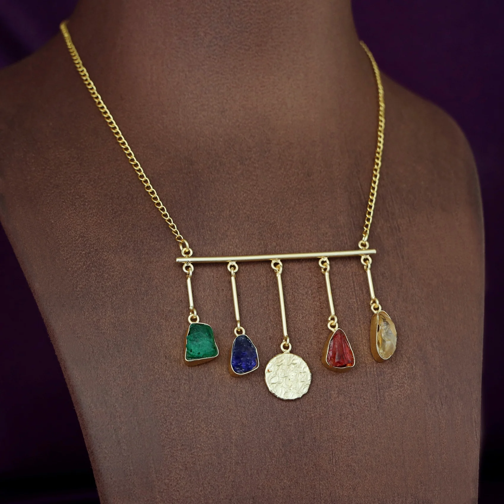 Aeliana Golden Hammered Stick Dyed + Raw Stone Neckpiece - Image 7