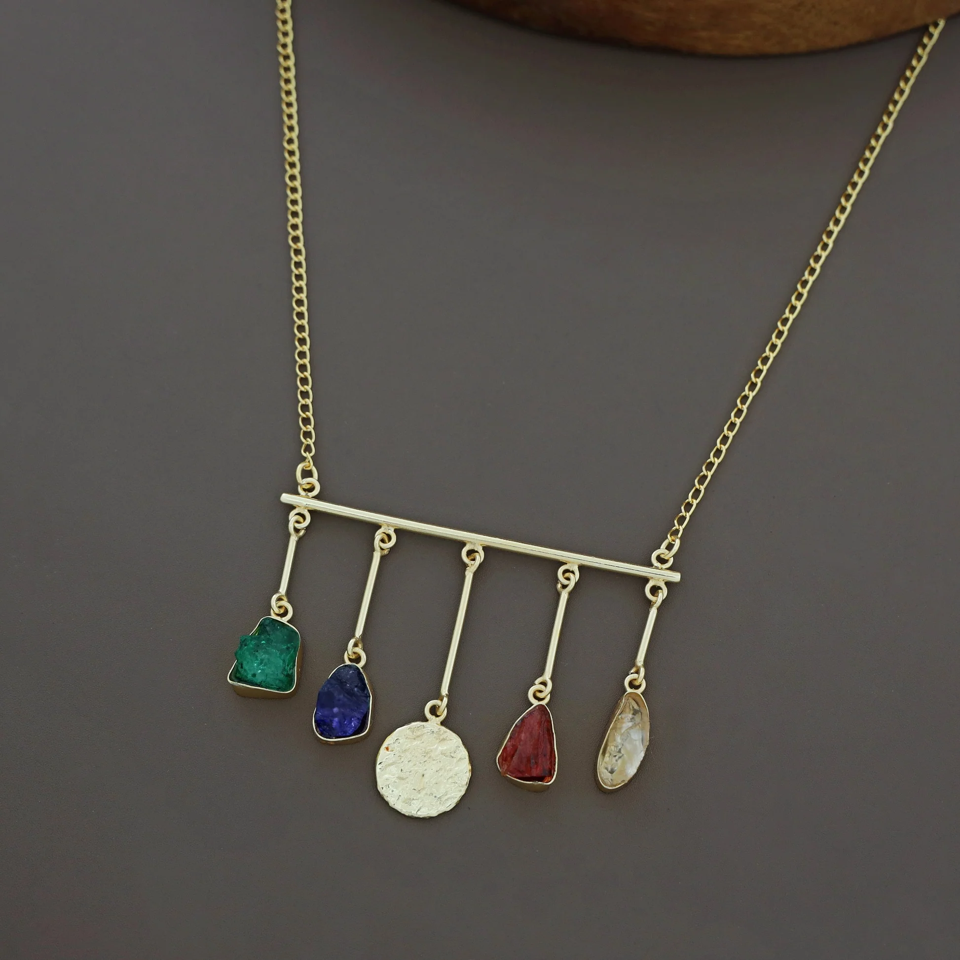 Aeliana Golden Hammered Stick Dyed + Raw Stone Neckpiece - Image 8
