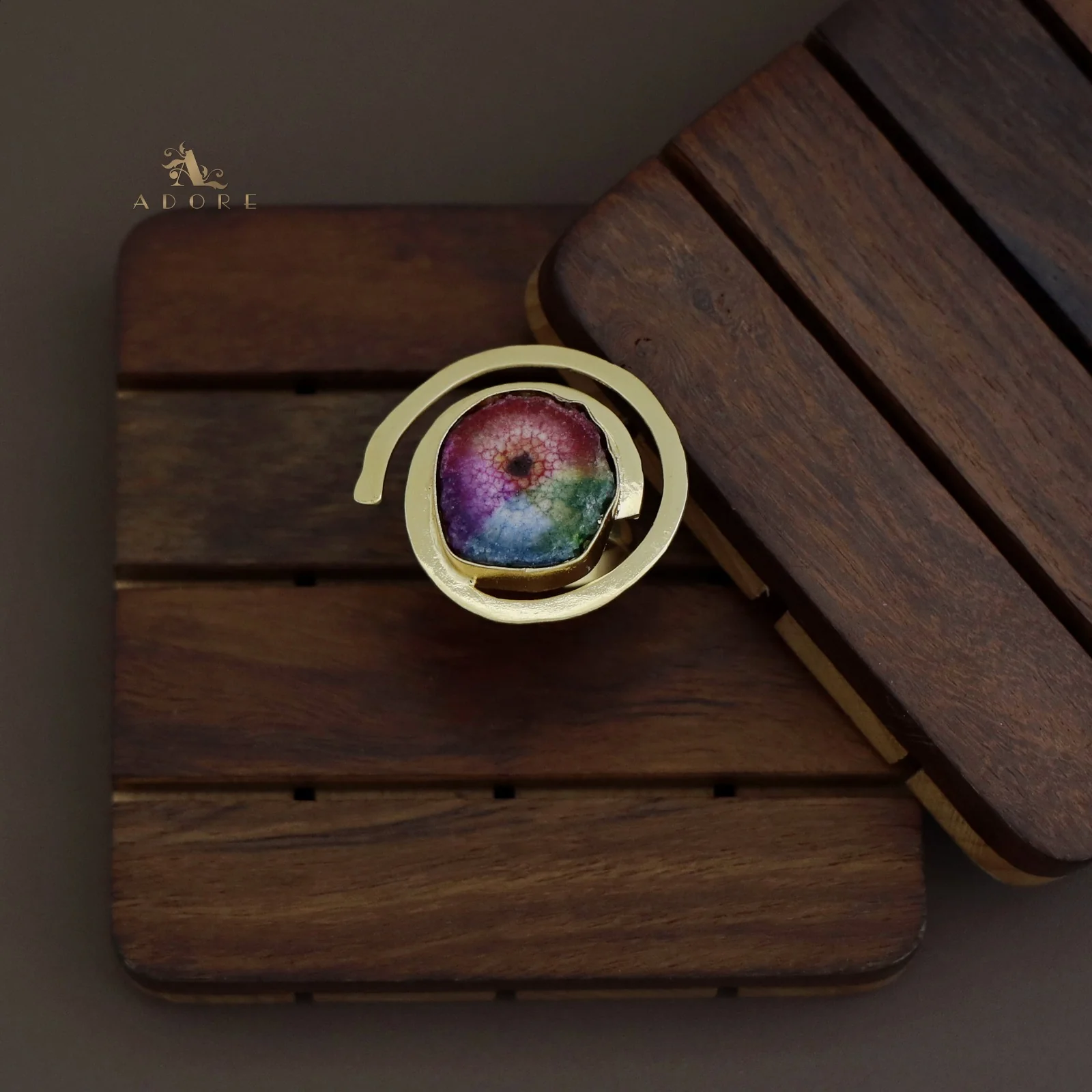 Agate Single Stone Spiral Golden Ring - Image 5