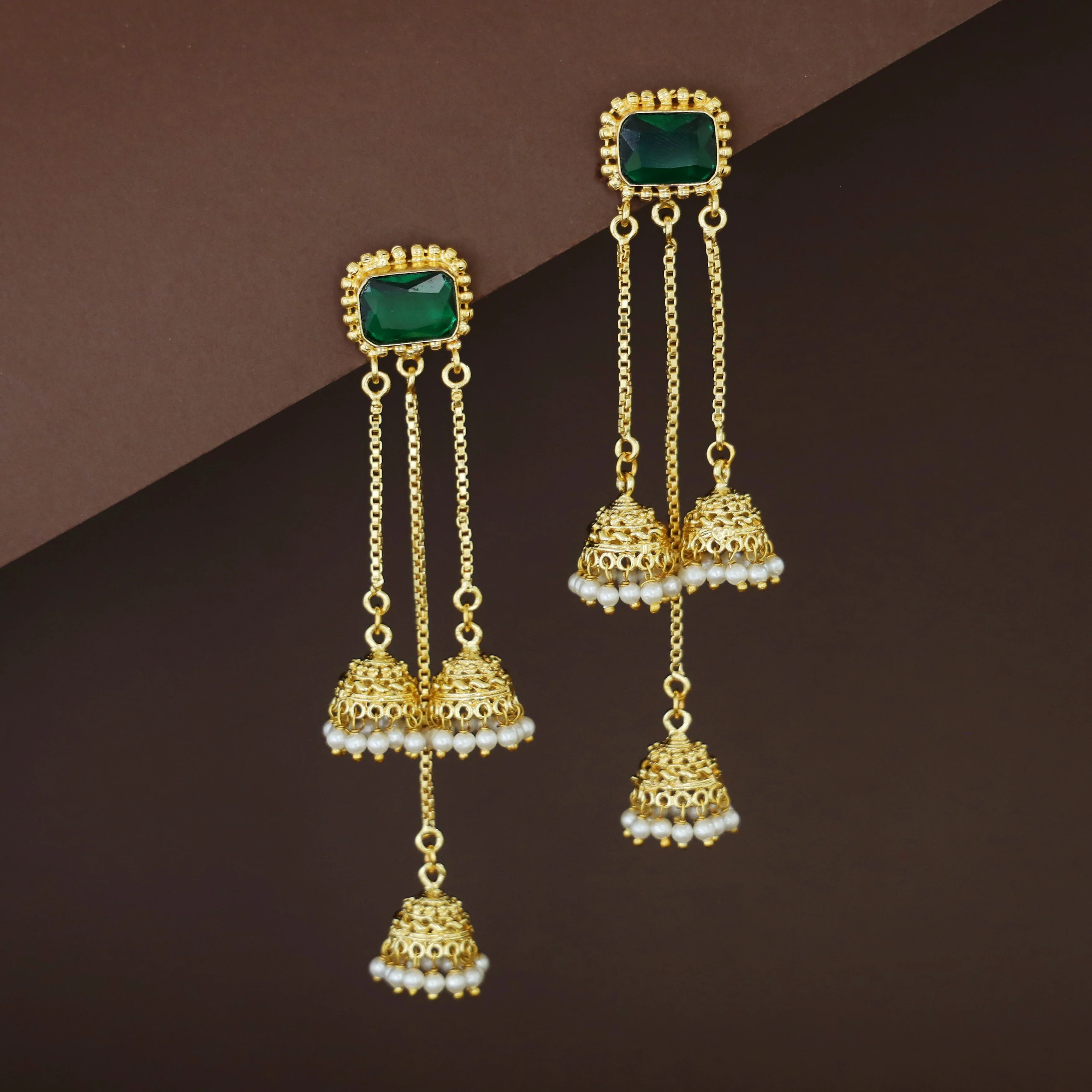 Agnayi Golden Rectangle Glossy Stone Hanging Tri Pearl Jhumka - Image 2