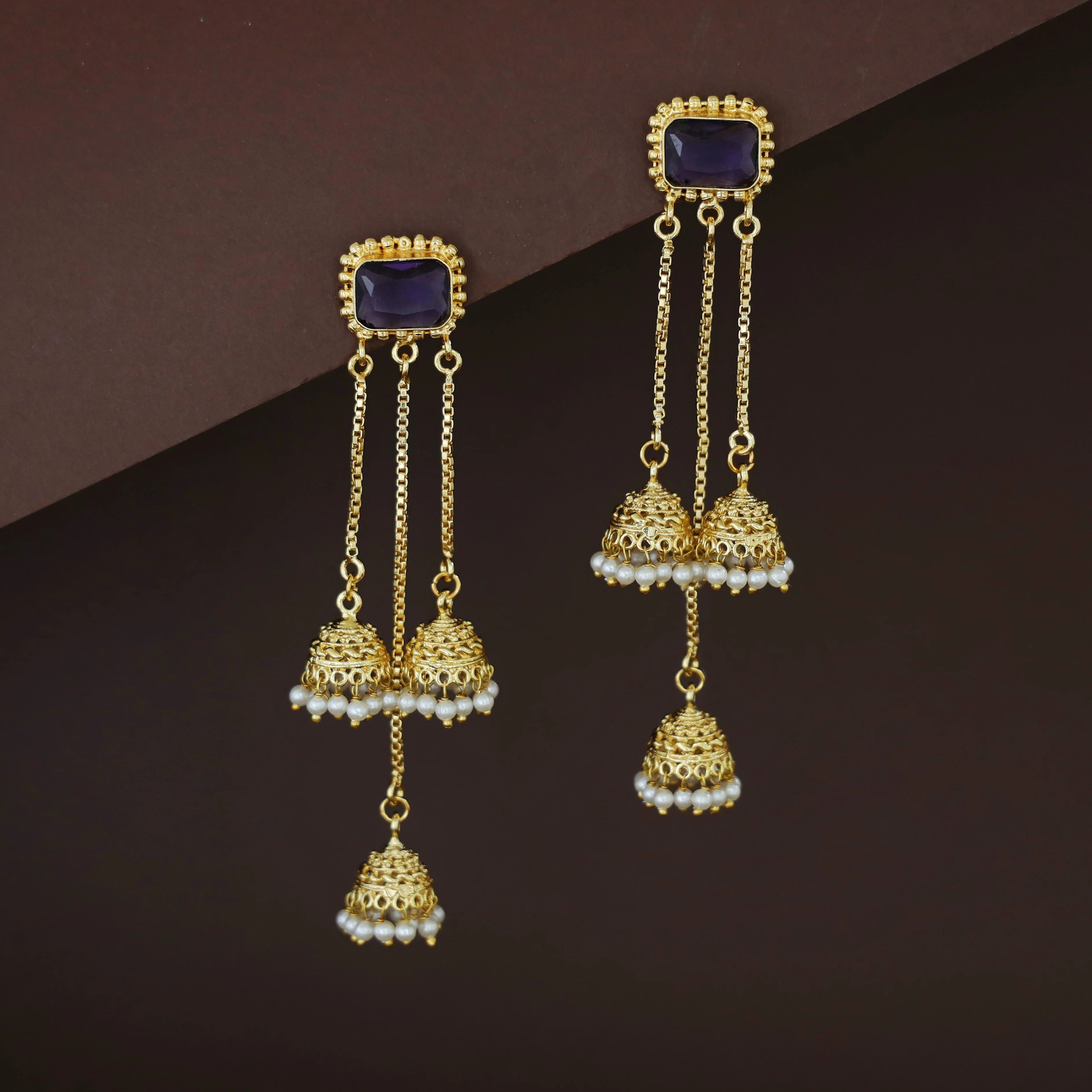 Agnayi Golden Rectangle Glossy Stone Hanging Tri Pearl Jhumka - Image 3