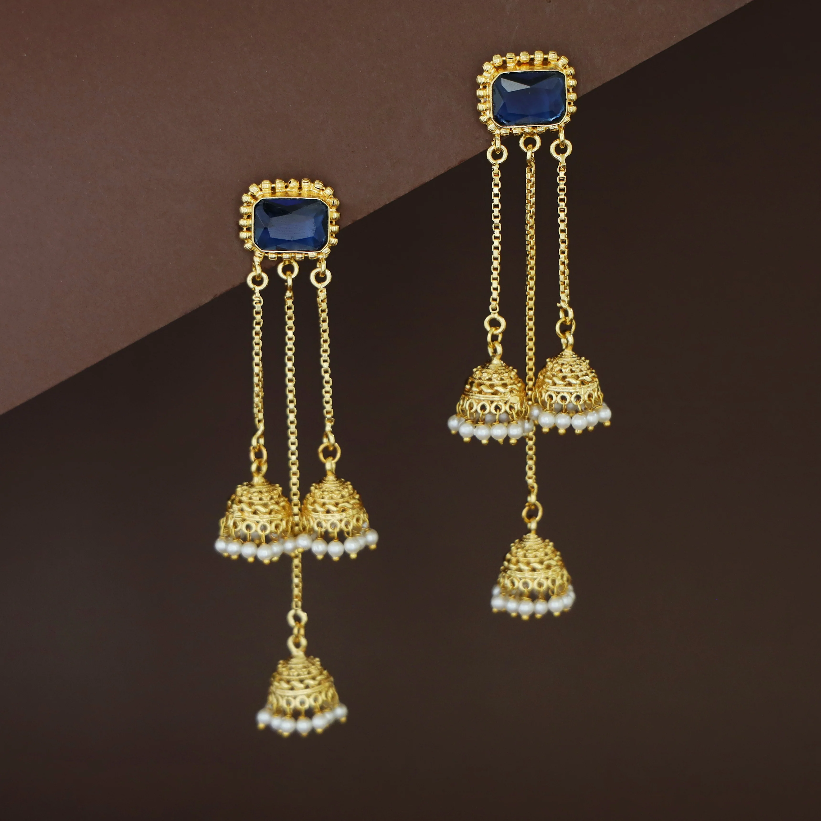 Agnayi Golden Rectangle Glossy Stone Hanging Tri Pearl Jhumka - Image 4
