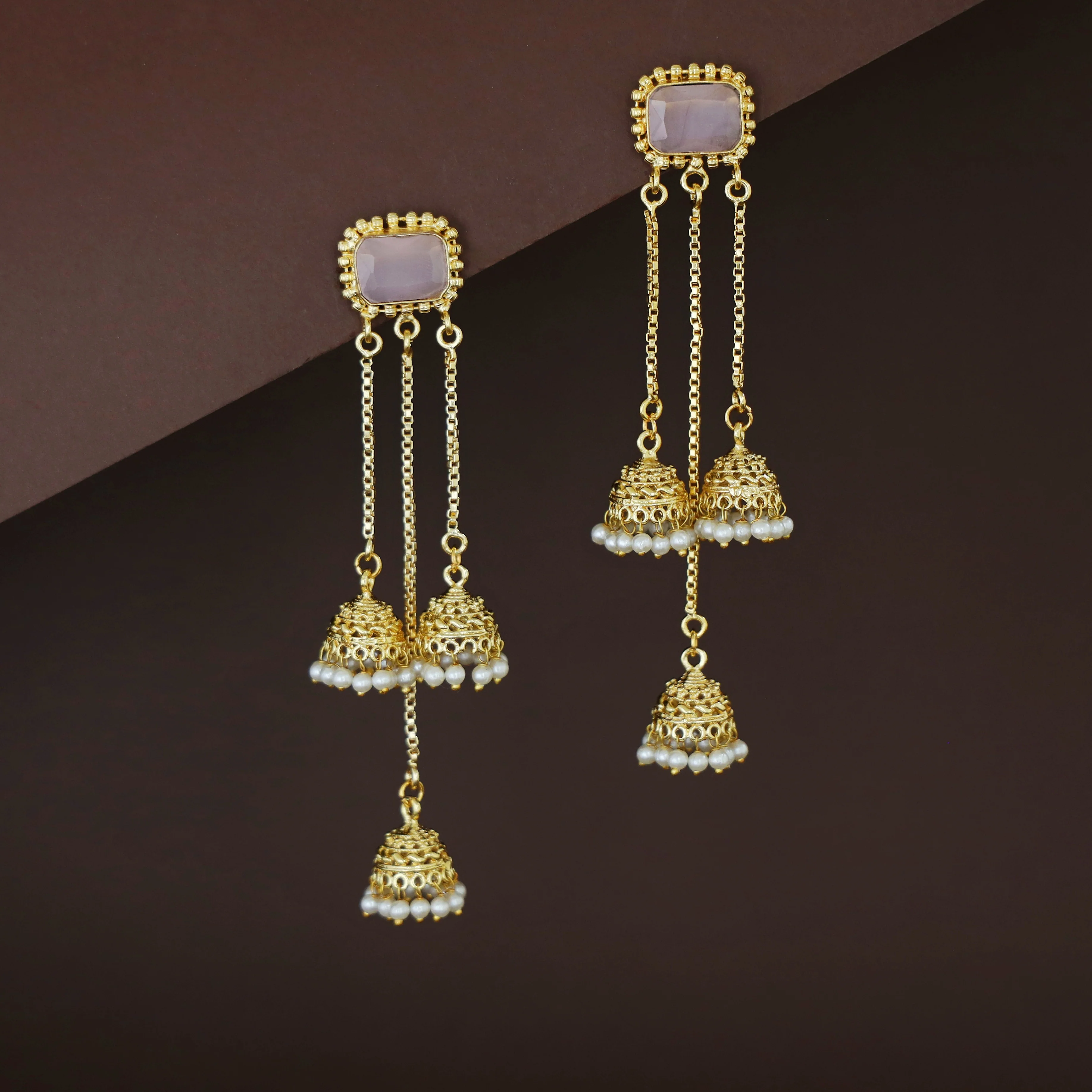 Agnayi Golden Rectangle Glossy Stone Hanging Tri Pearl Jhumka - Image 5