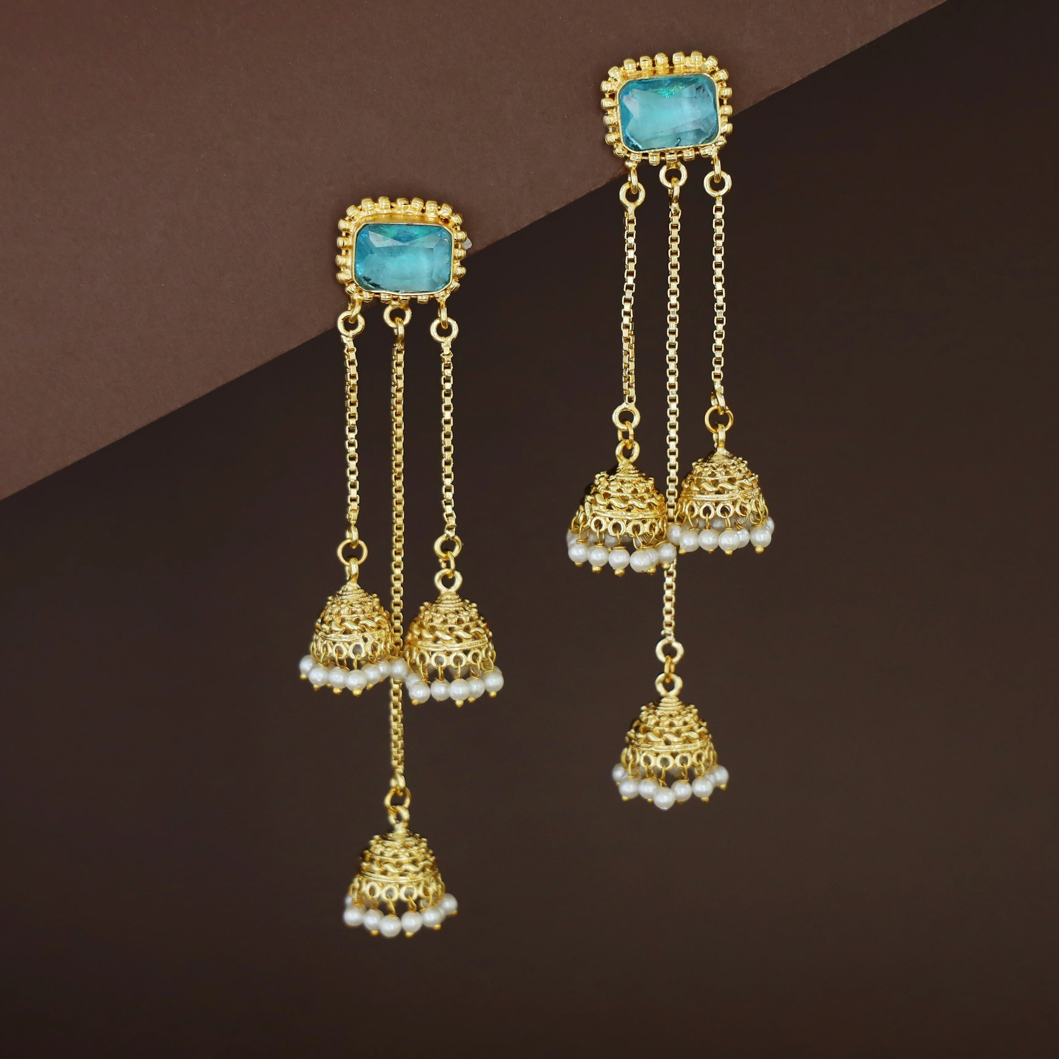 Agnayi Golden Rectangle Glossy Stone Hanging Tri Pearl Jhumka - Image 6
