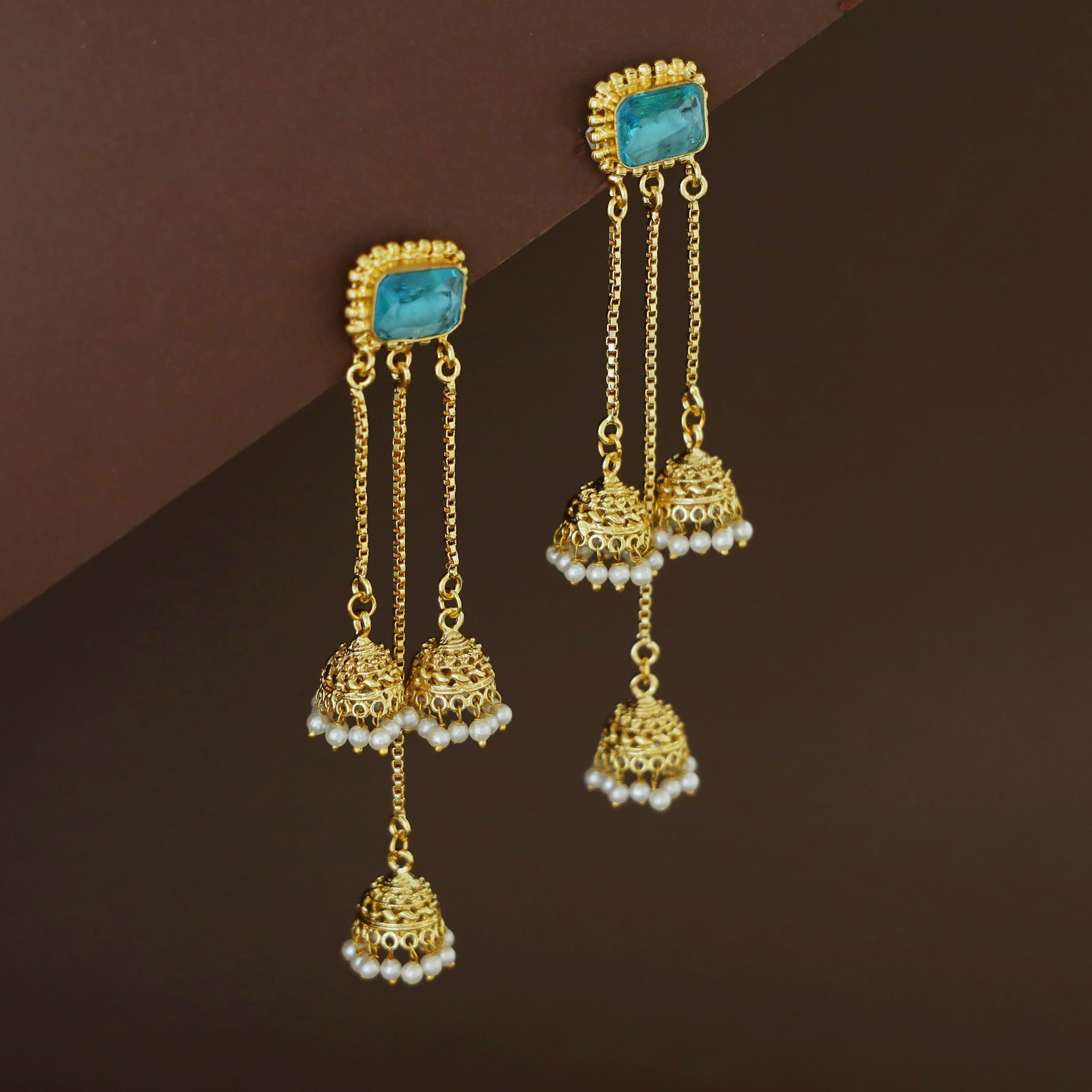 Agnayi Golden Rectangle Glossy Stone Hanging Tri Pearl Jhumka - Image 7