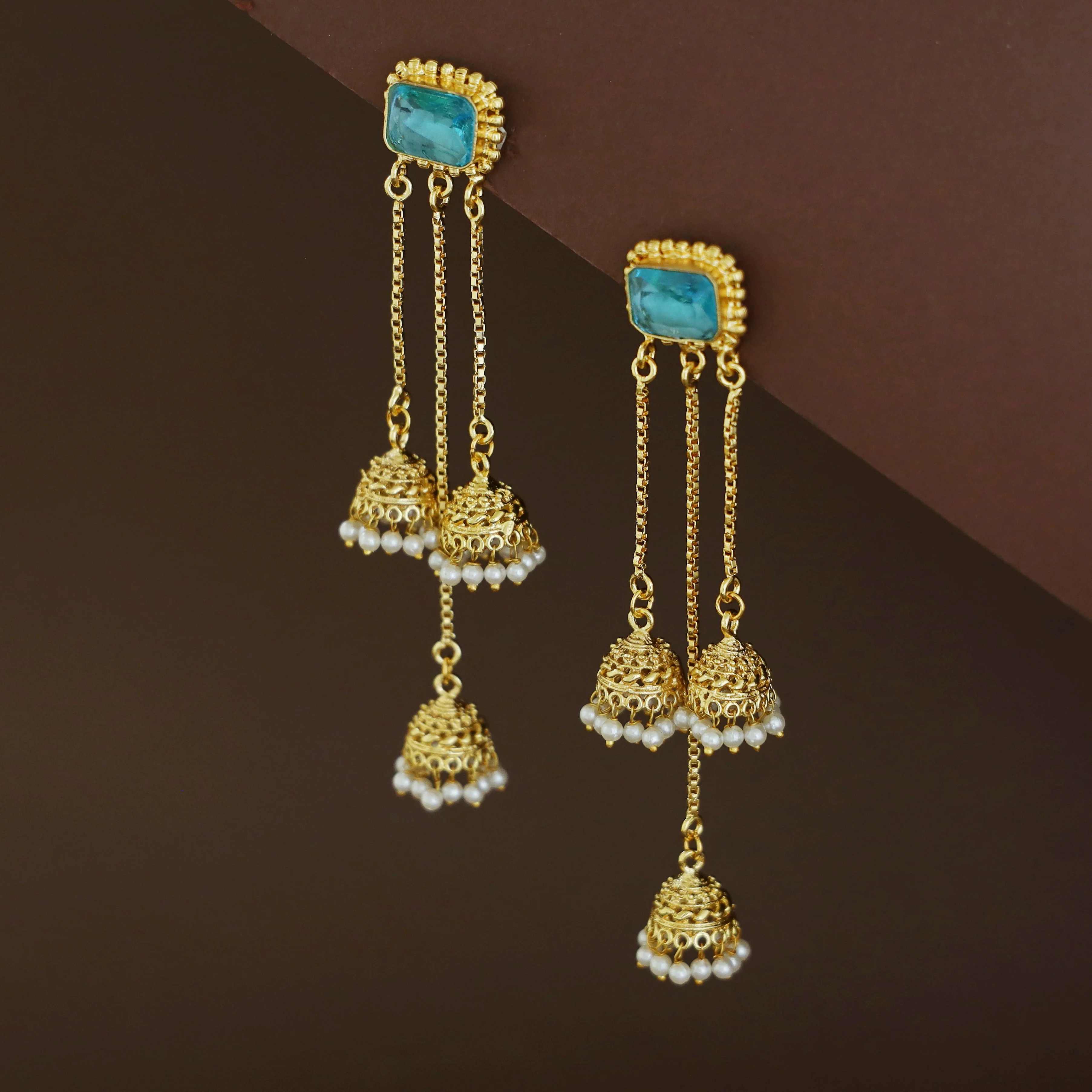 Agnayi Golden Rectangle Glossy Stone Hanging Tri Pearl Jhumka - Image 8