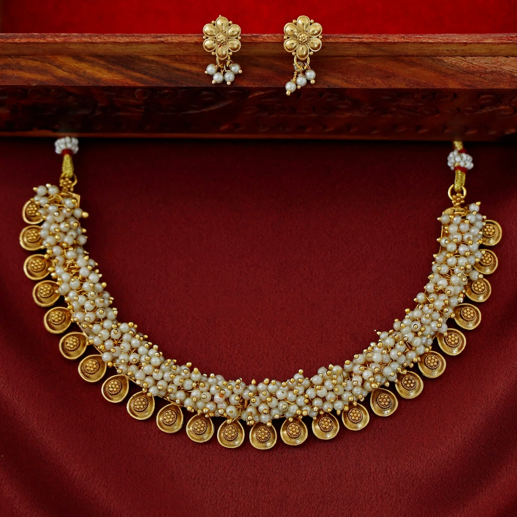 Agnikaa Cluster Pearl And Golden Ball Short Neckpiece With Earring - Image 2